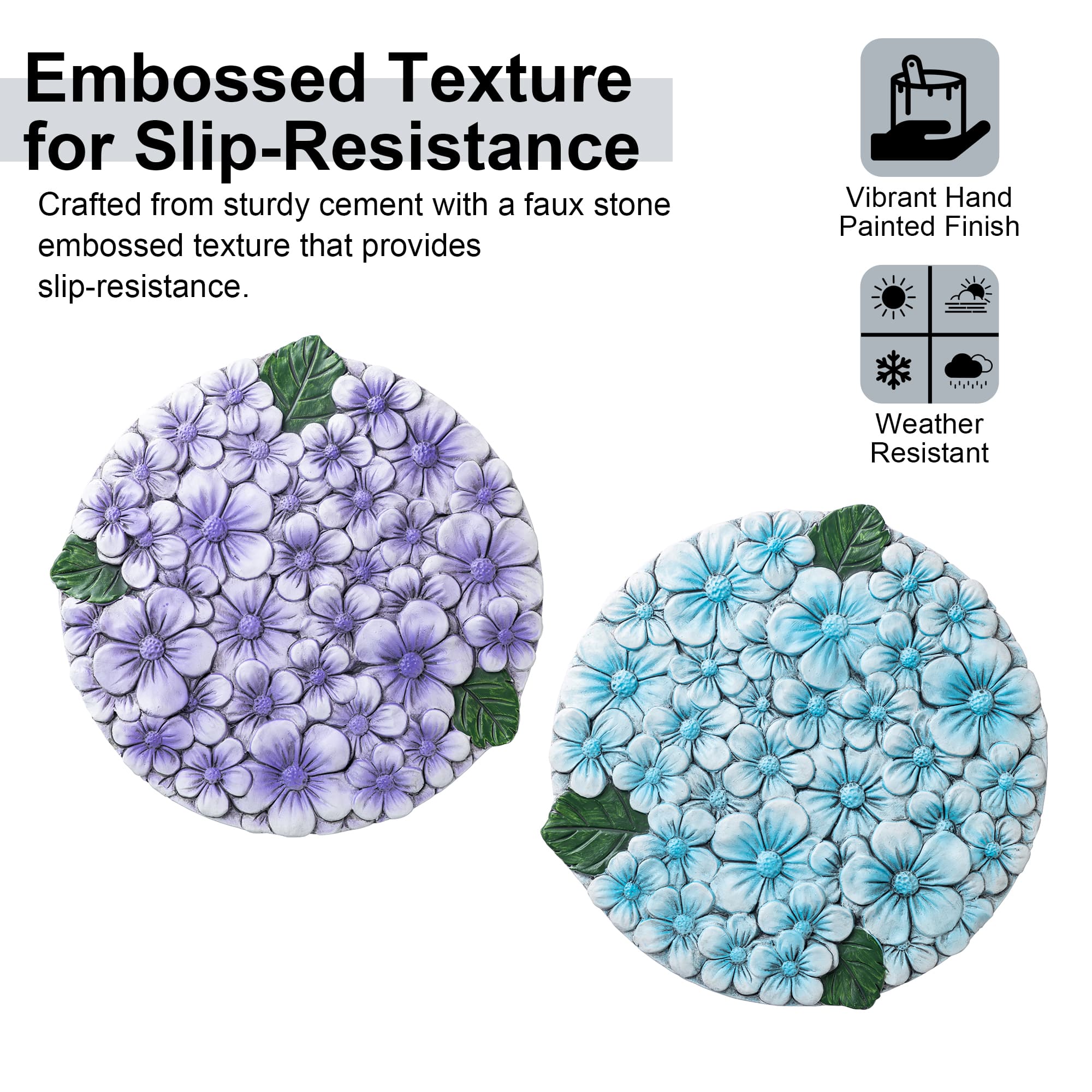 Glitzhome® 10" Set of 2 Cement Blue and Purple Hydrangea Textured Stepping Stones