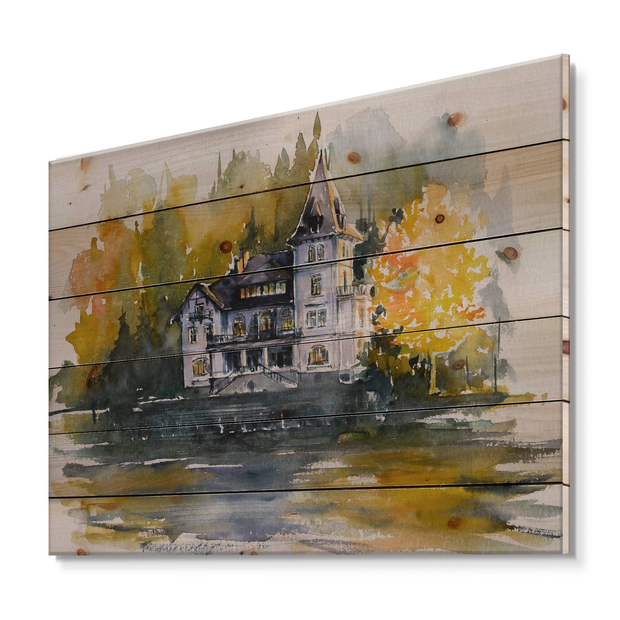 Designart - Castle By The Lake With Autumn Trees - Lake House Print on Natural Pine Wood