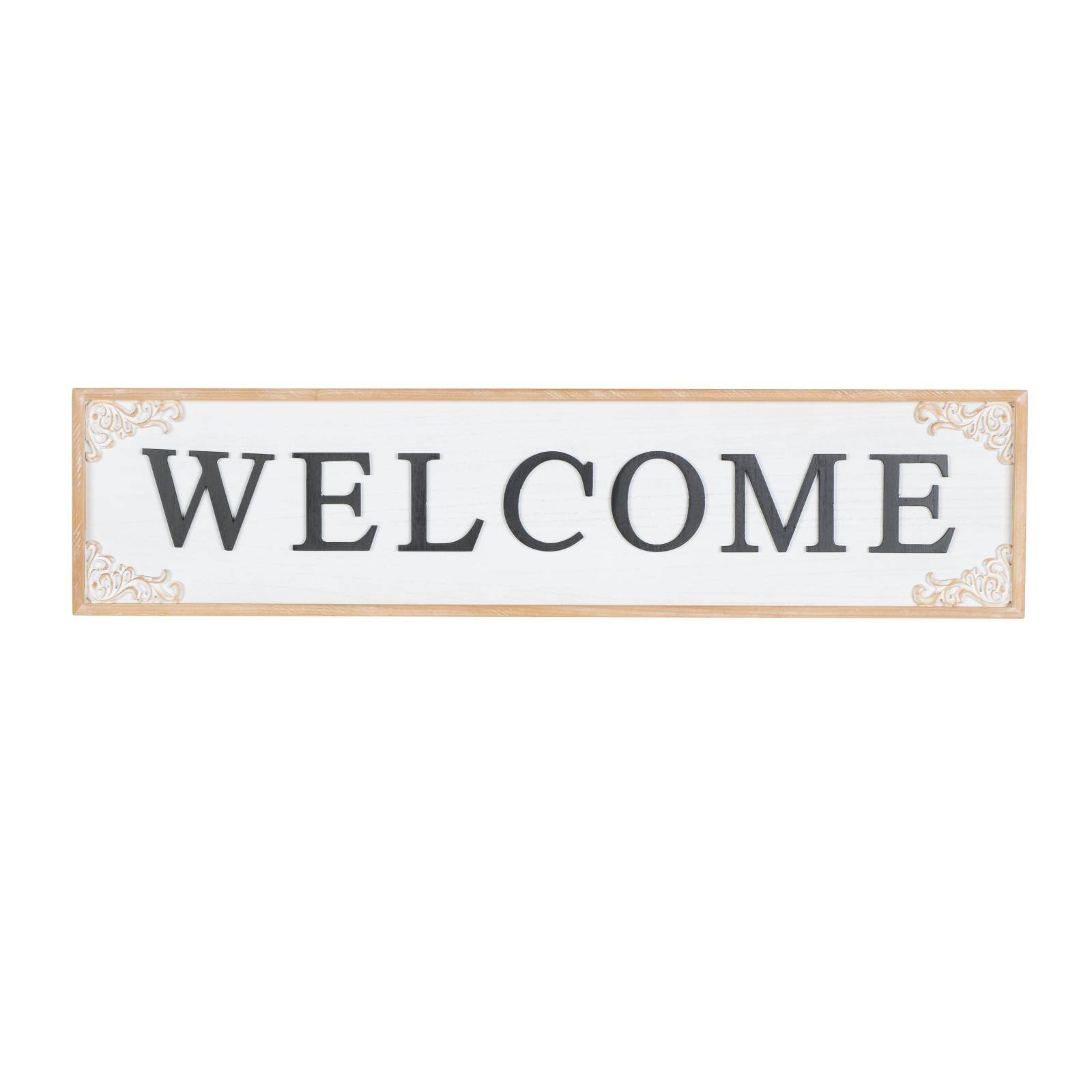 46" x 11" White with Scroll Details Wooden Welcome Sign Wall Décor