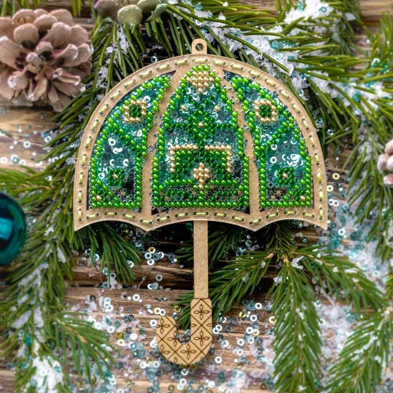Wonderland Crafts Green Umbrella Christmas Ornament Bead Embroidery Kit