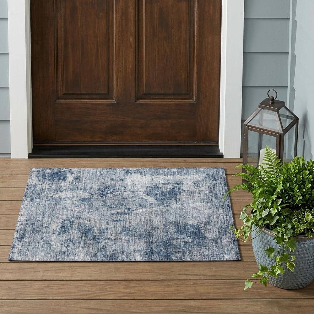HomeRoots 20" x 30" Blue Abstract Washable Indoor/Outdoor Area Rug