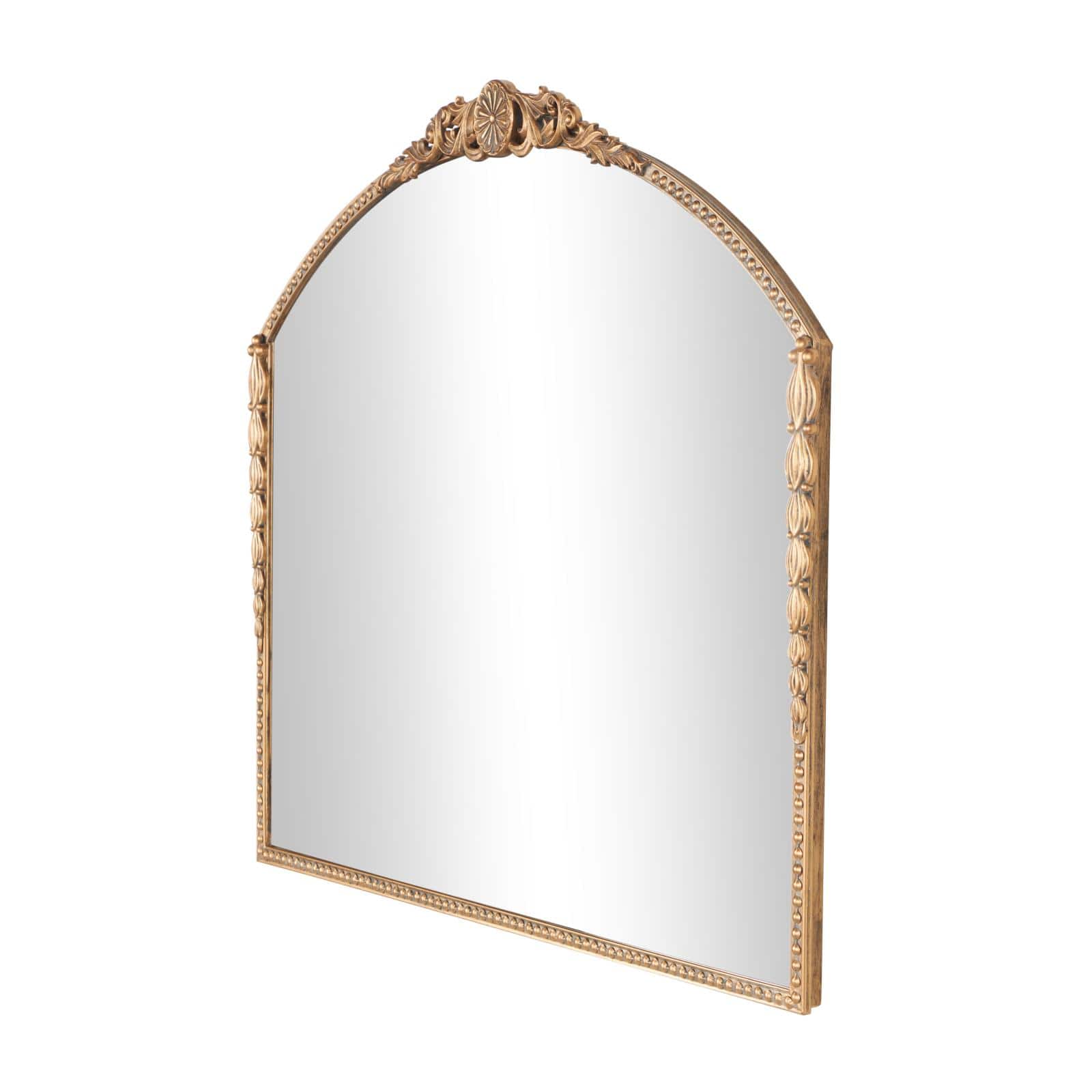 33" Gold Metal Scroll Orante Antique Arch Wall Mirror with Beaded Frame