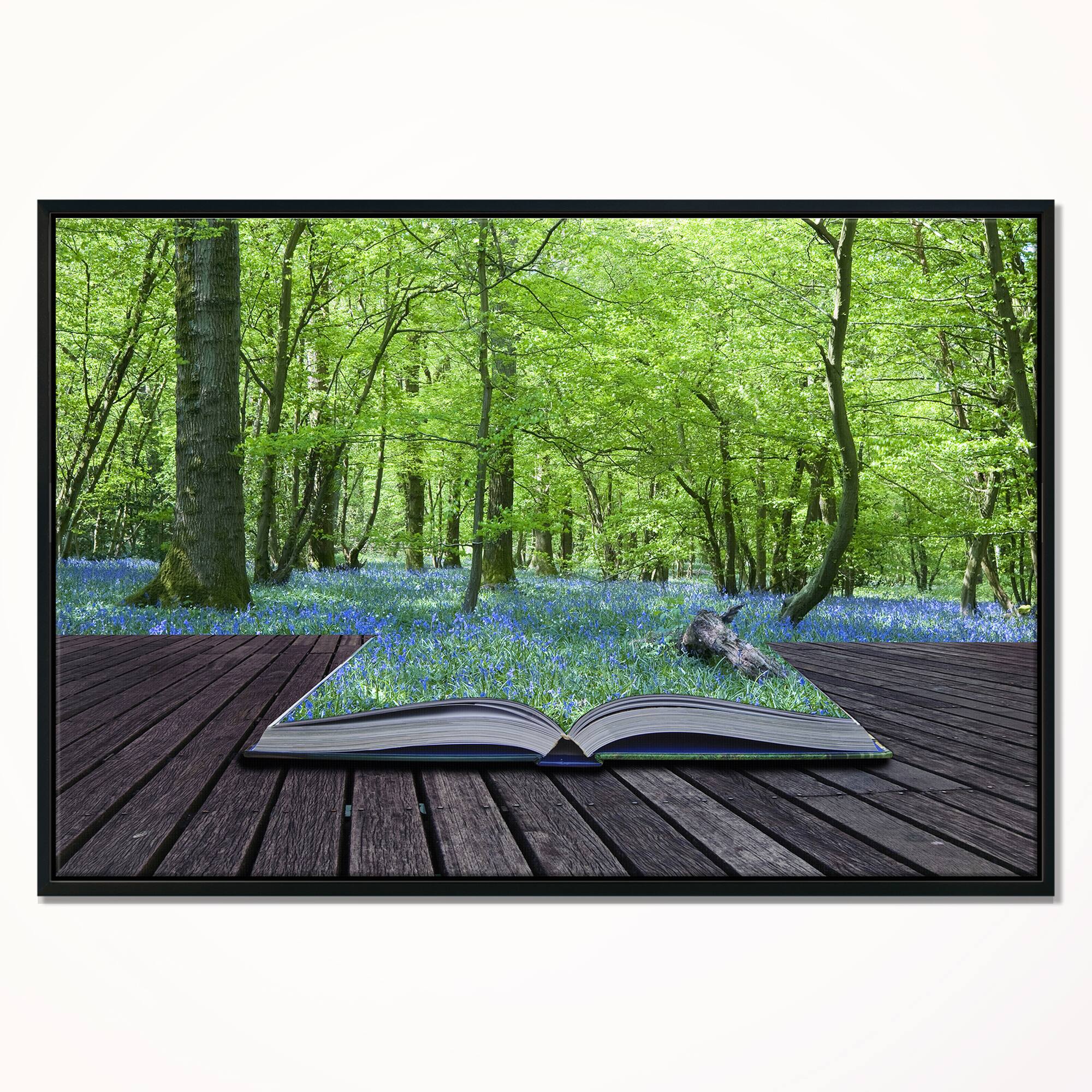 Designart - Open Book to Green Forest - Landscape Canvas Art Print in Black Frame
