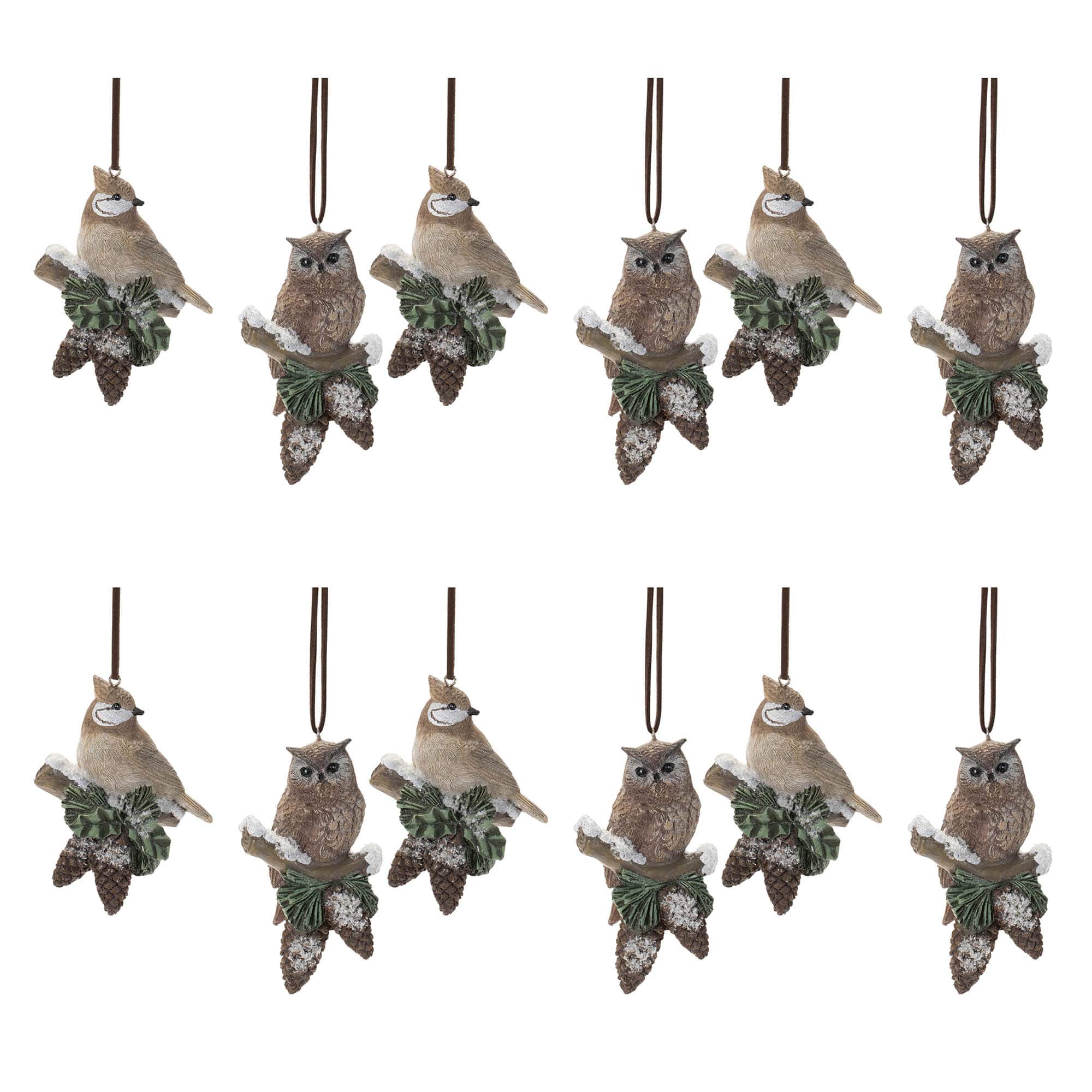 Snowy Cardinal Bird & Owl Ornament Set