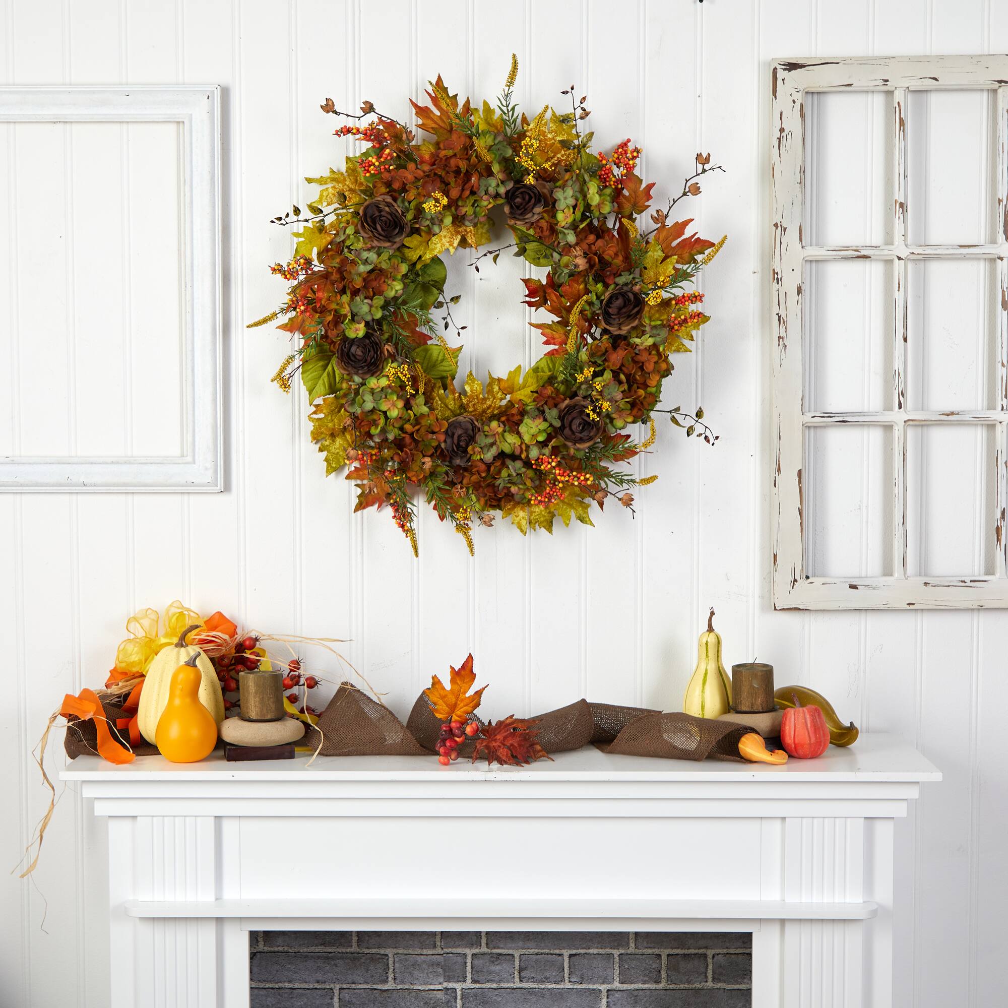 32" Hydrangea, Ranunculus & Maple Leaf Autumn Artificial Wreath