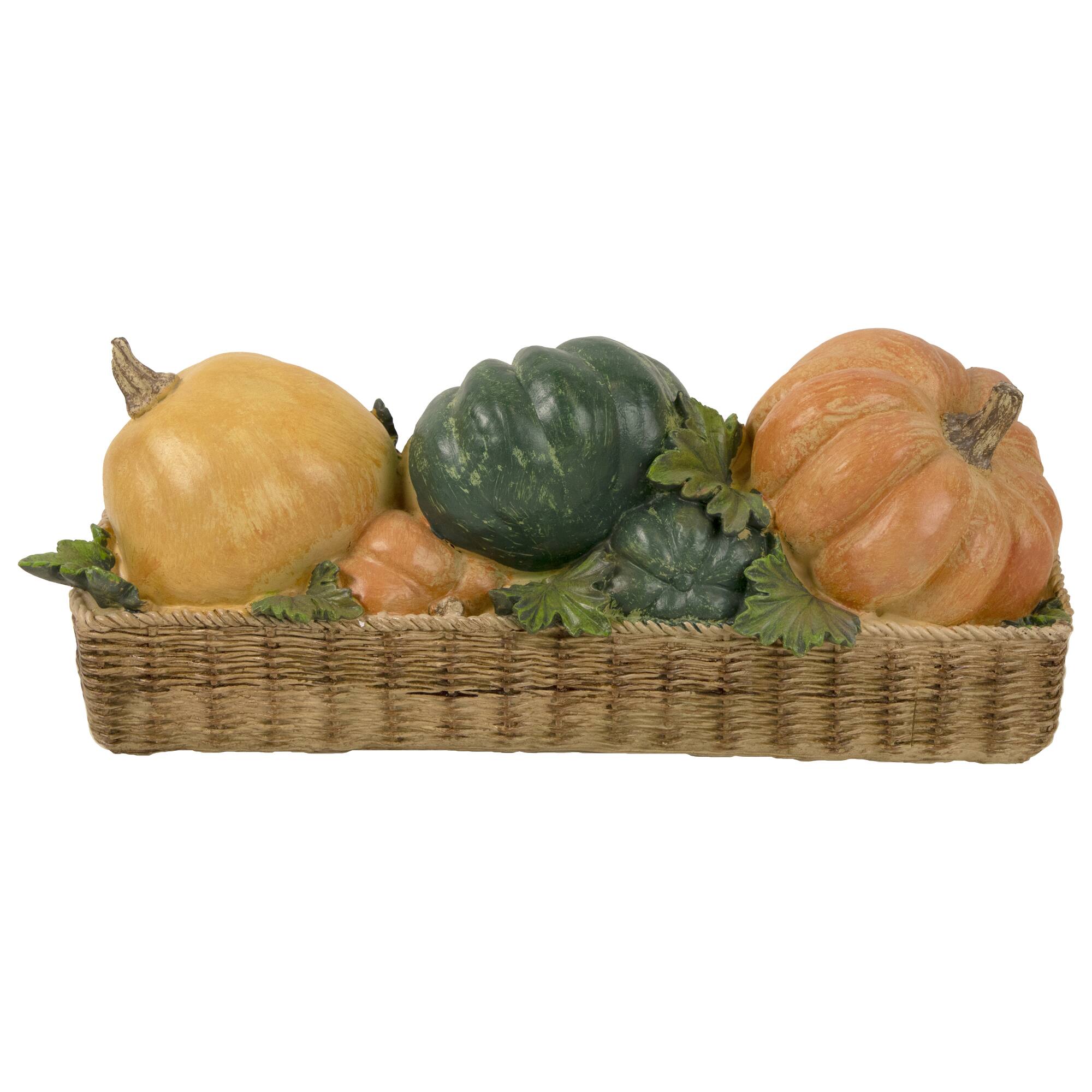 15" Faux Rattan Basket with Pumpkins Thanksgiving Tabletop Decoration