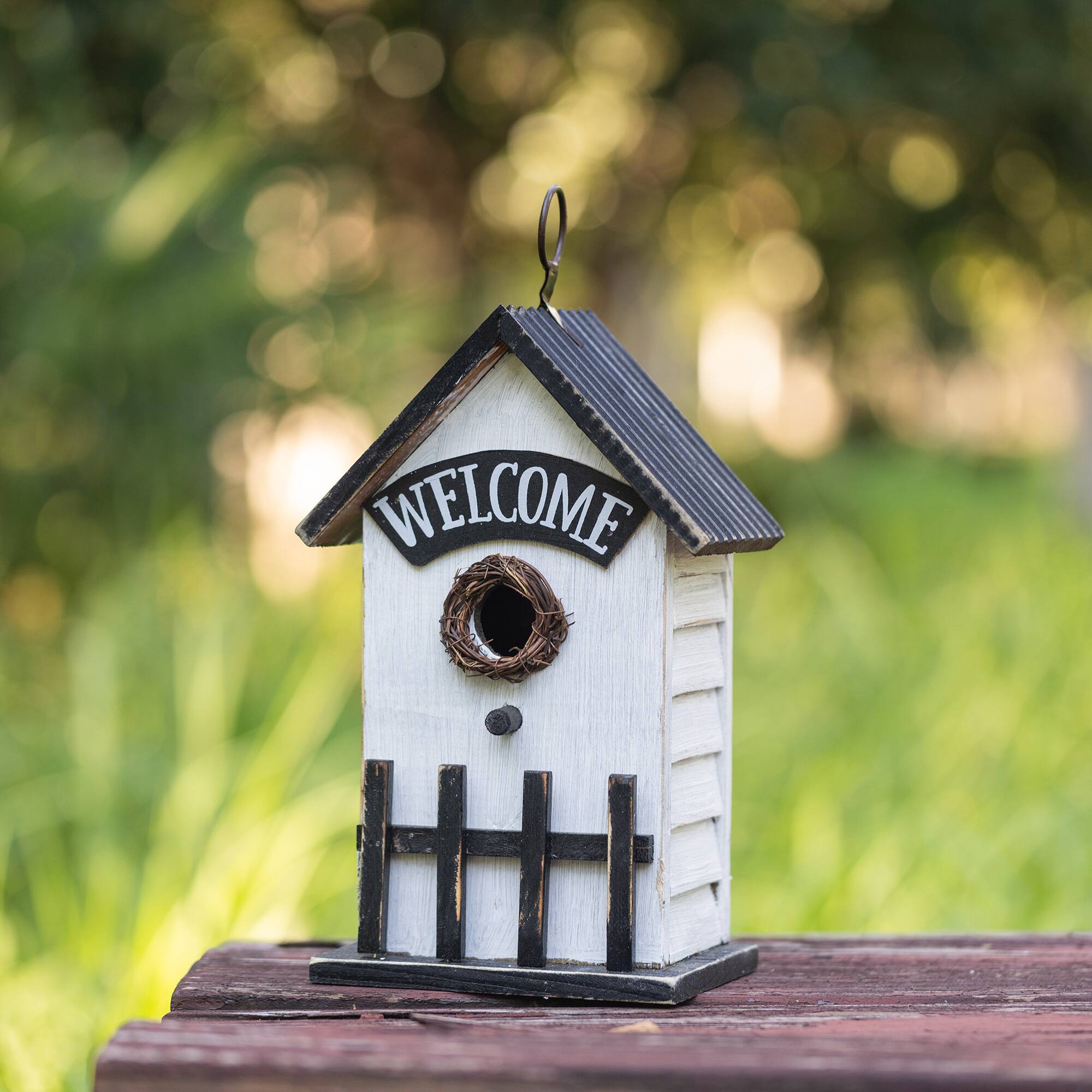 Glitzhome® 11" Washed White Solid Wood Fence Outdoor Garden Birdhouse