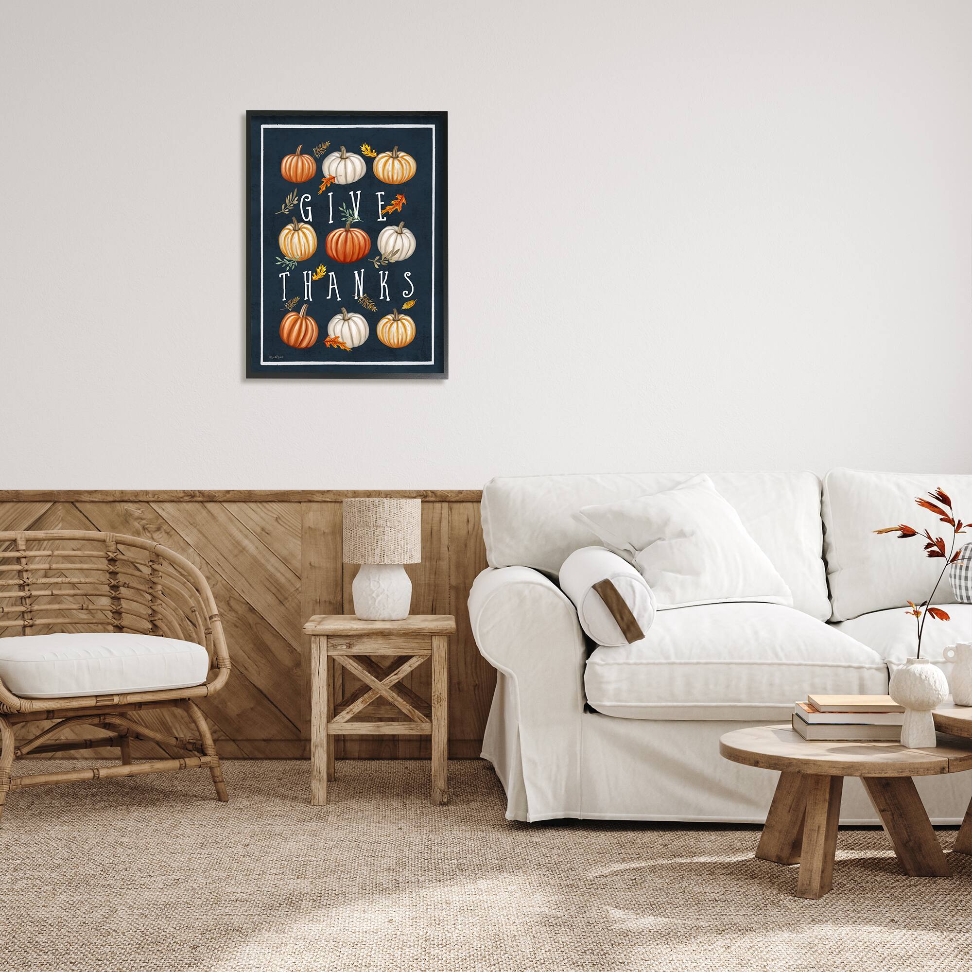 Stupell Industries Give Thanks Autumn Pumpkins Framed Giclee Art