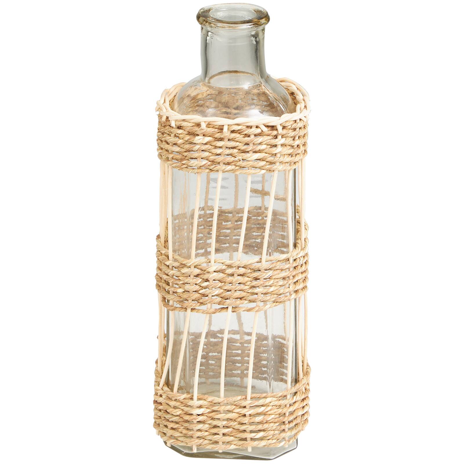 15" Clear Glass Handmade Vase with Light Brown Rattan Woven Body