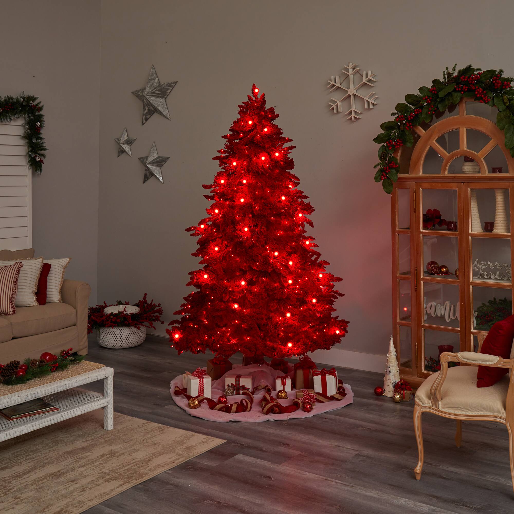 8ft. Pre-Lit Red Flocked Fraser Fir Artificial Christmas Tree, Red Lights