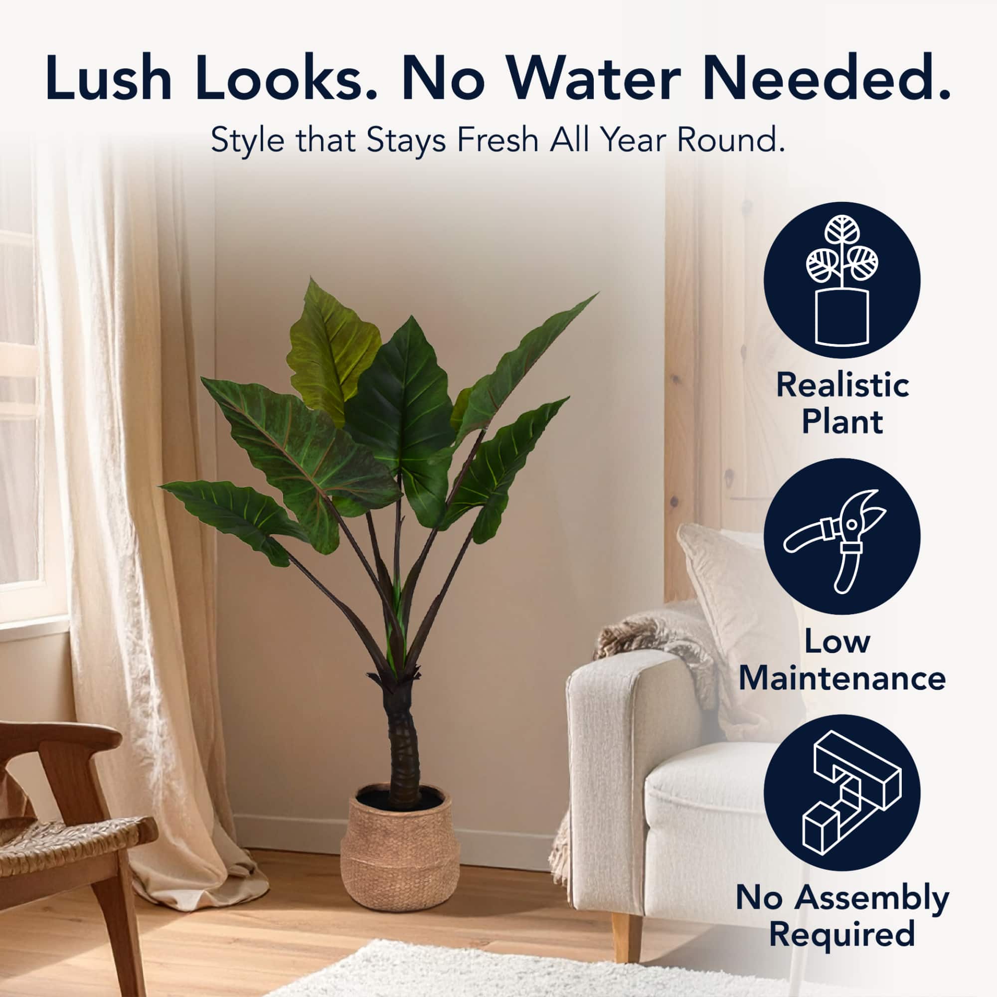 American Art Decor 4ft Artificial Rainbow Taro Tree in Cement Pot Faux Plant