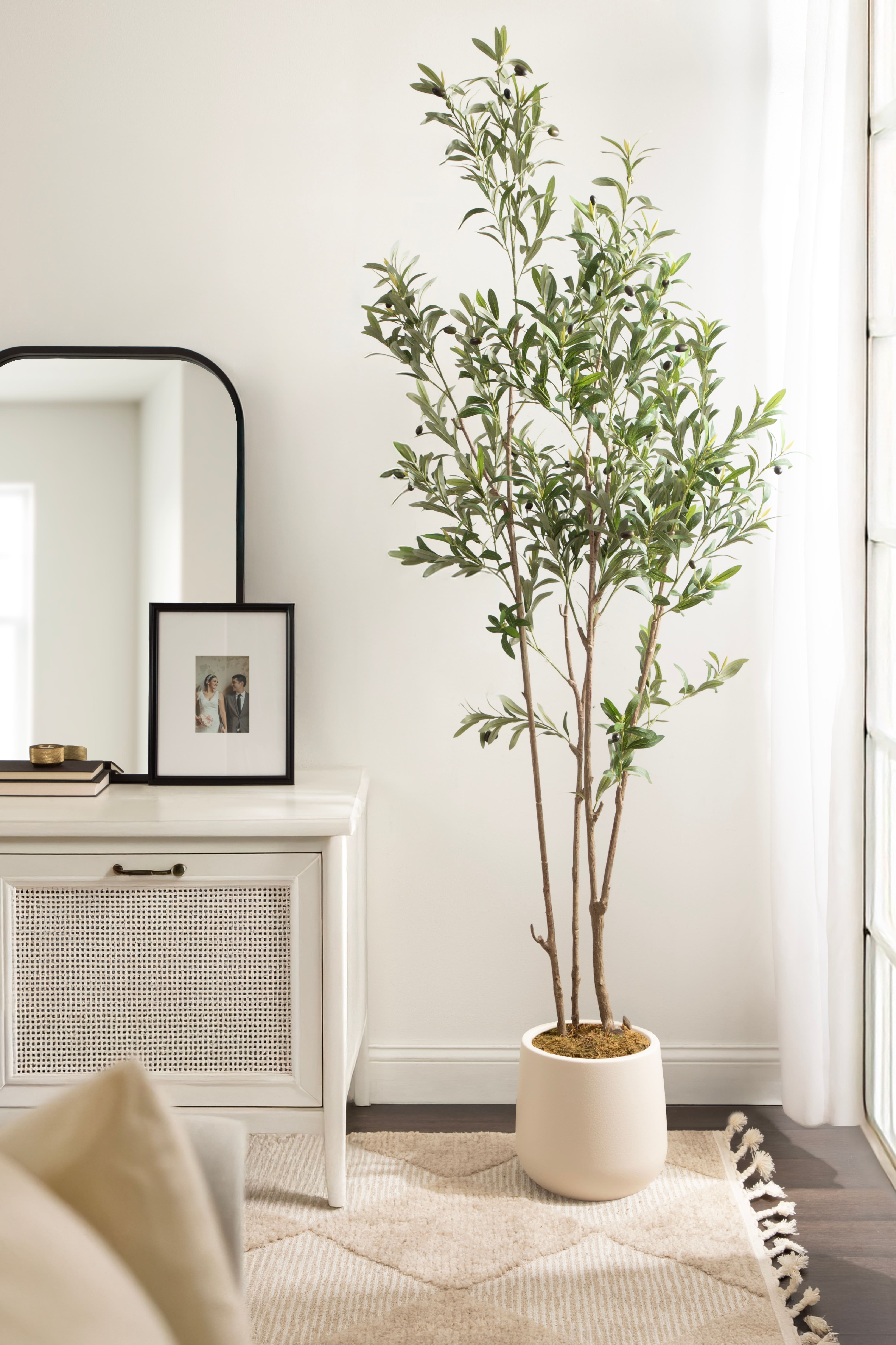 Kate and Laurel 7ft. Oliveira Faux Olive Tree with Jia Curved Cream Planter