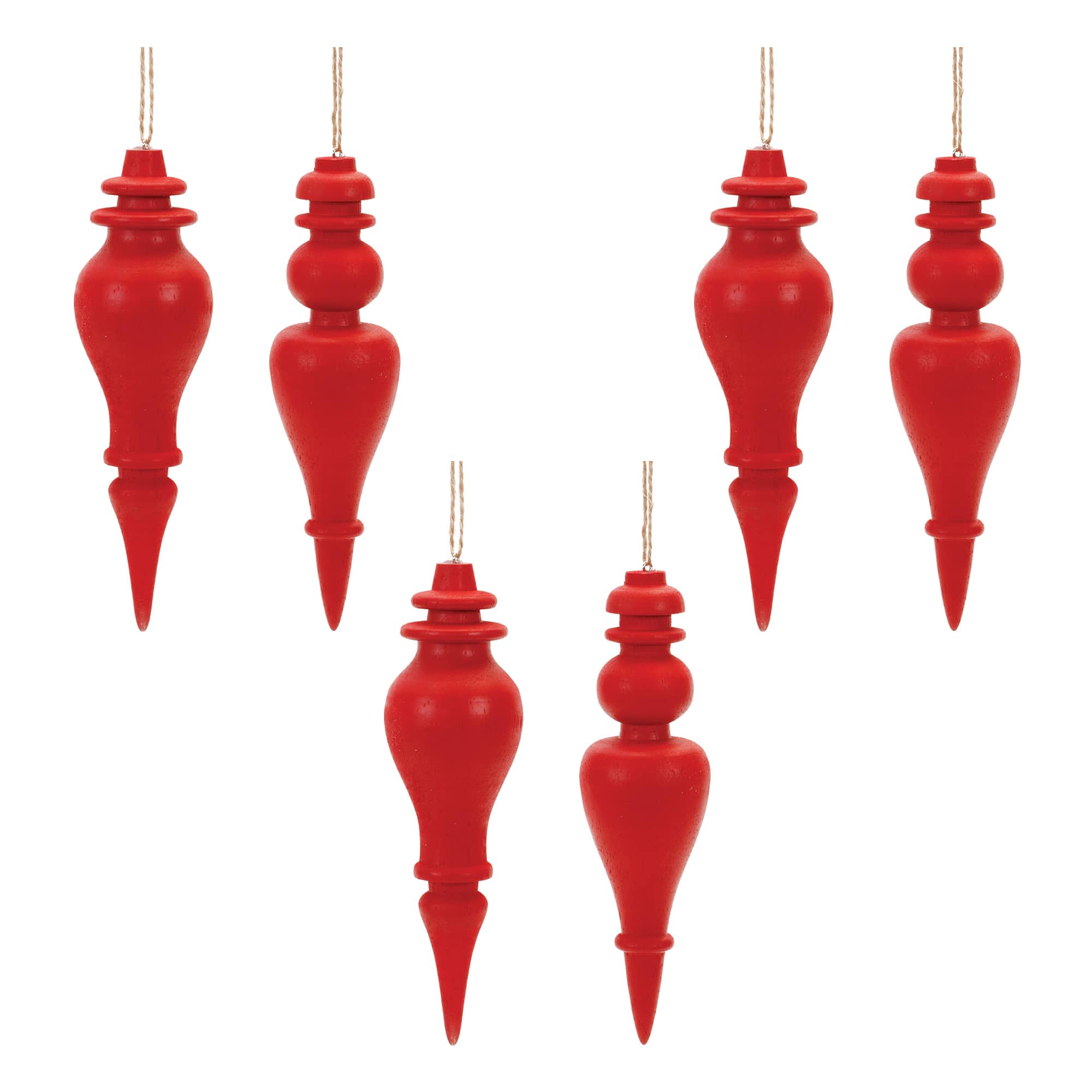 6" Red Wood Finial Drop Ornament Set