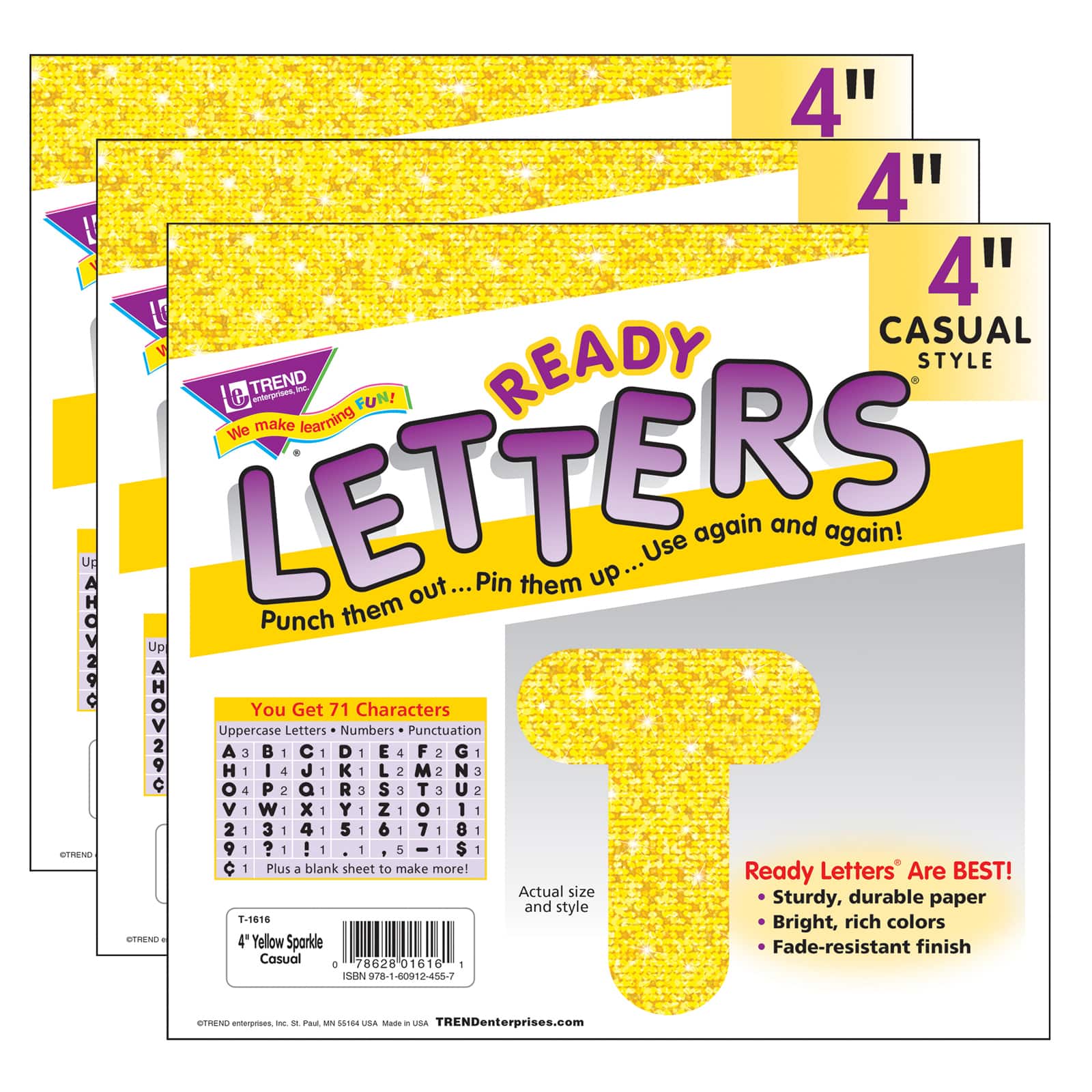 TREND Enterprises® Yellow Sparkle 4" Casual Uppercase Ready Letters®, 71 Per Pack, 3 Packs