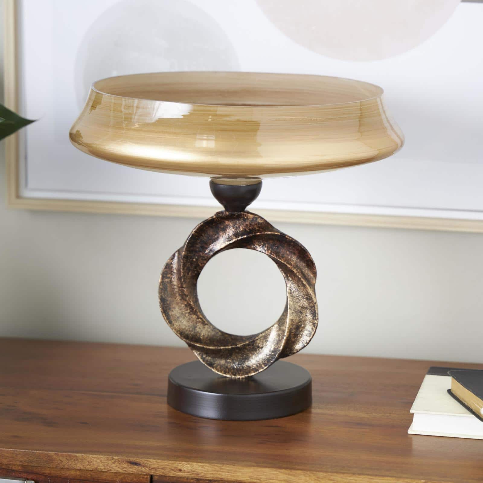 12.5" Brown Glass Wide Brushed Decorative Bowl with Textured Ring Base