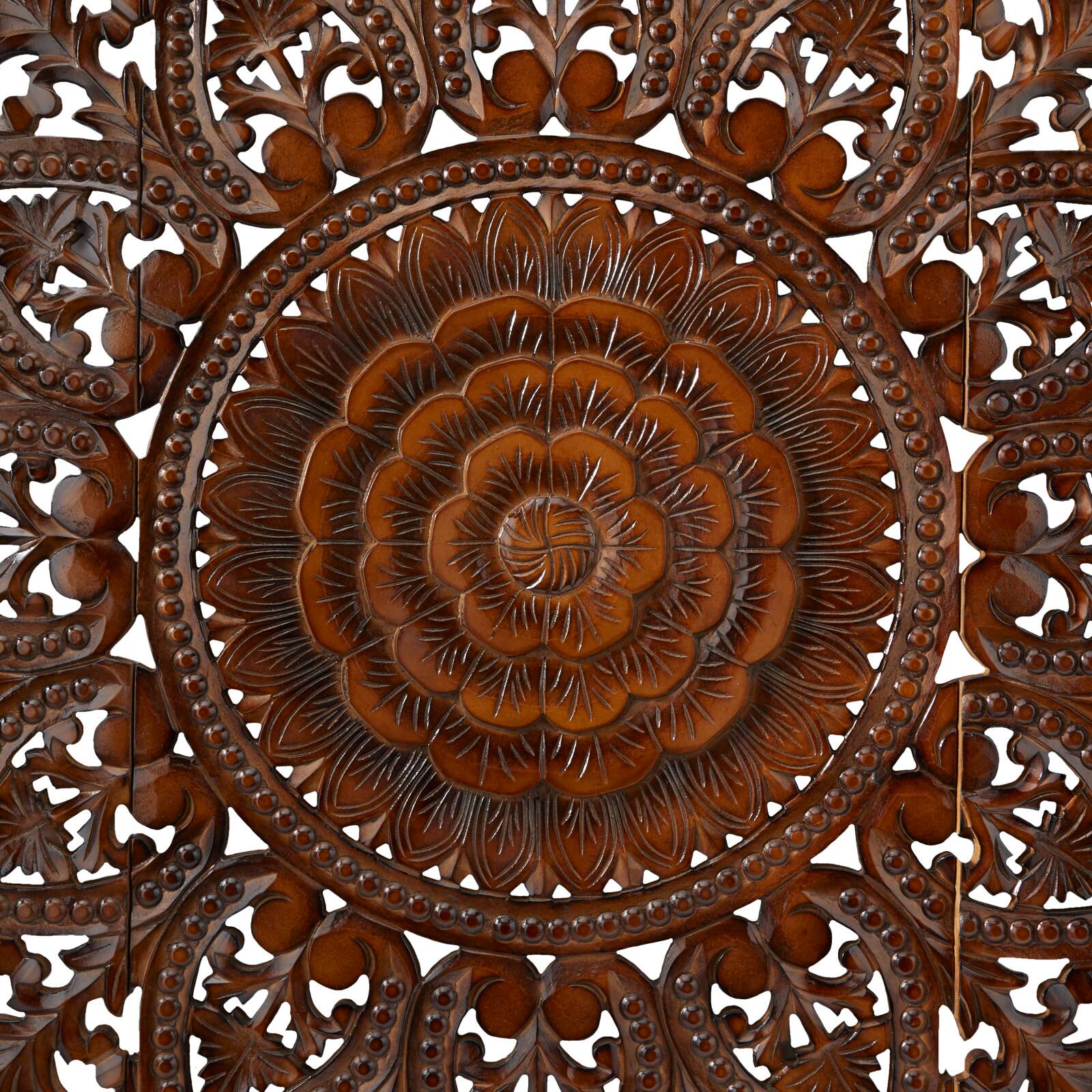 Brown Wood Handmade Intricately Carved Floral Wall Decor with Mandala Design Set of 3 22", 48"