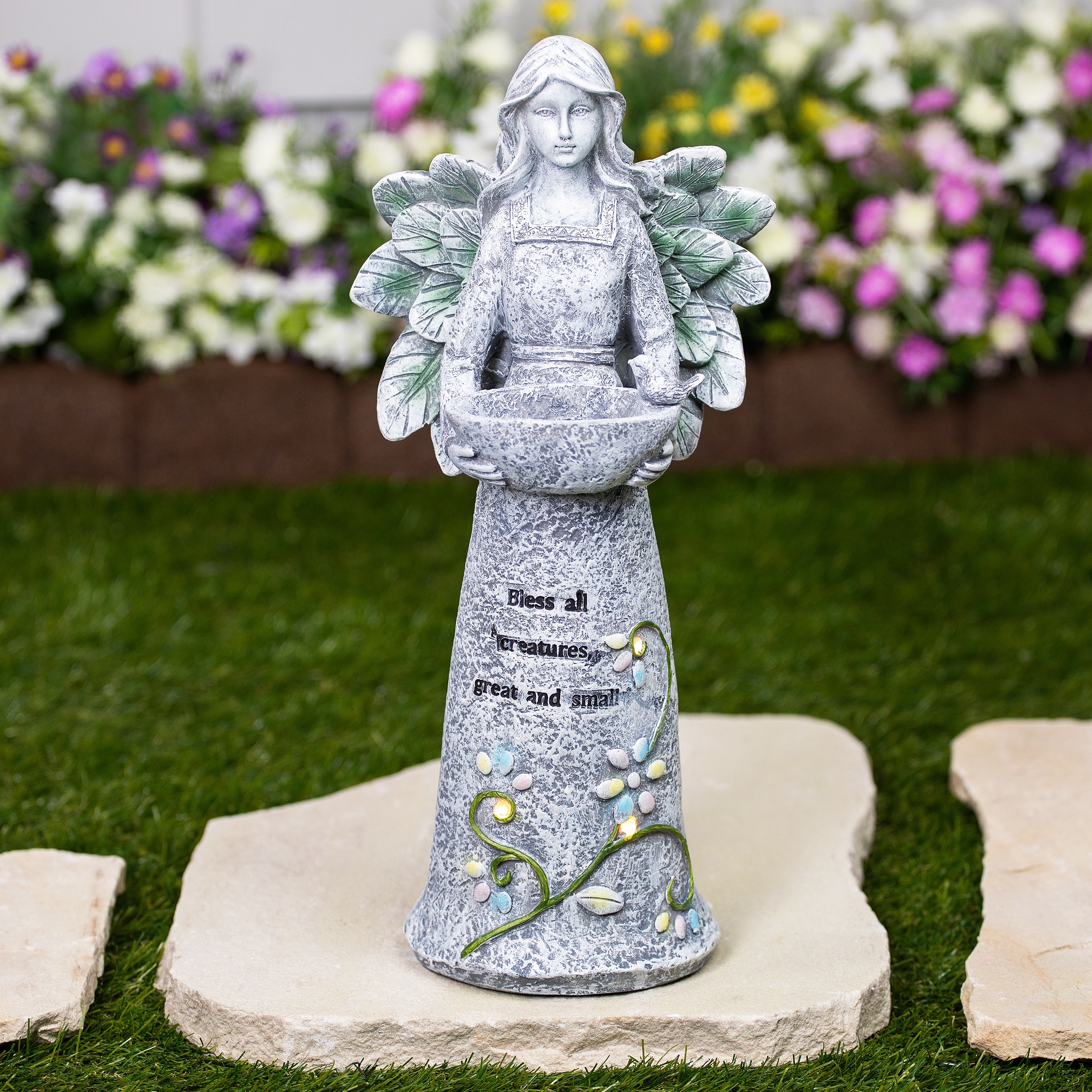LED Solar Lighted Bless All Creatures Outdoor Garden Birdbath - 16"