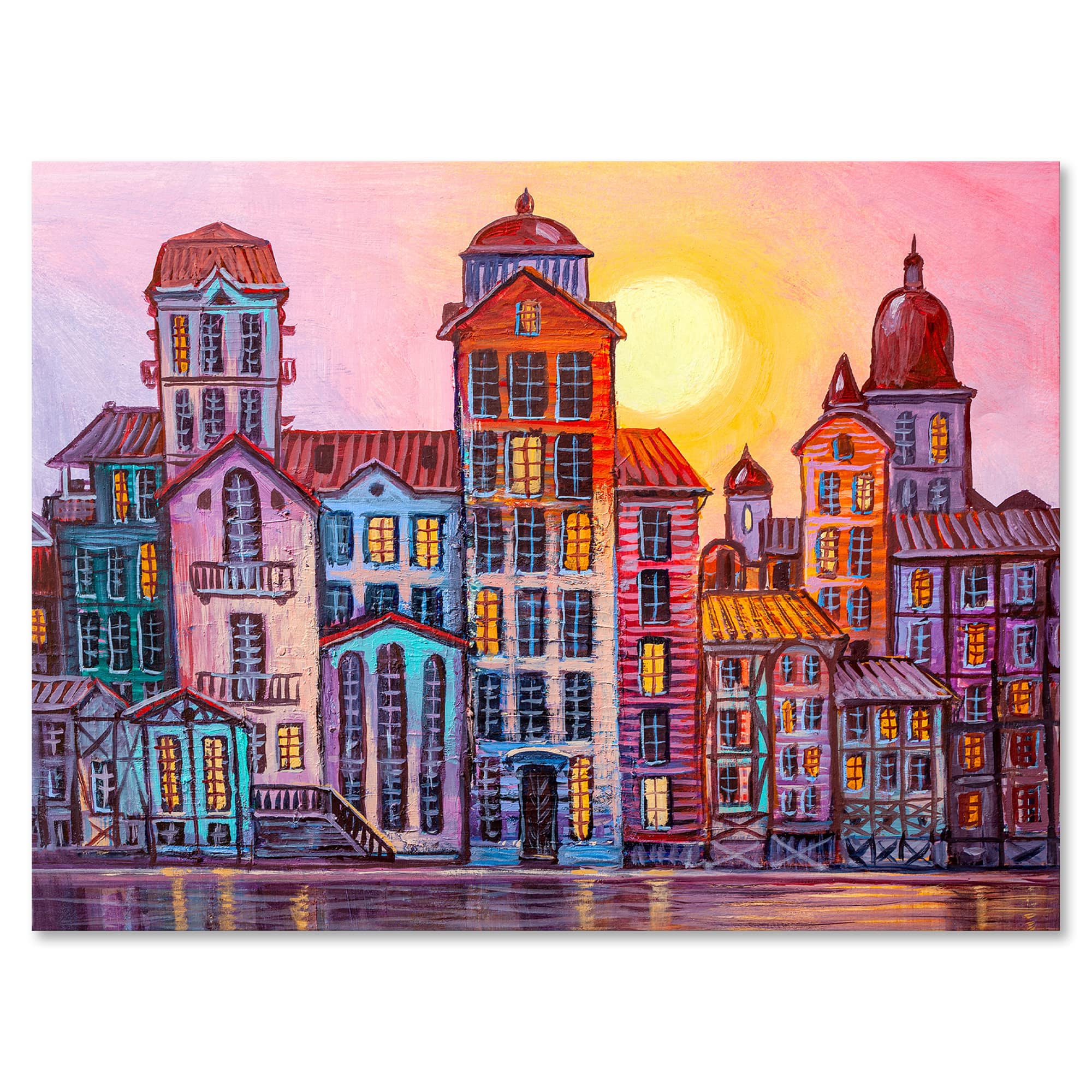 Designart - Street Scene In Old Town With Colorful Buildings - Mid-Century Modern Canvas Wall Art Print