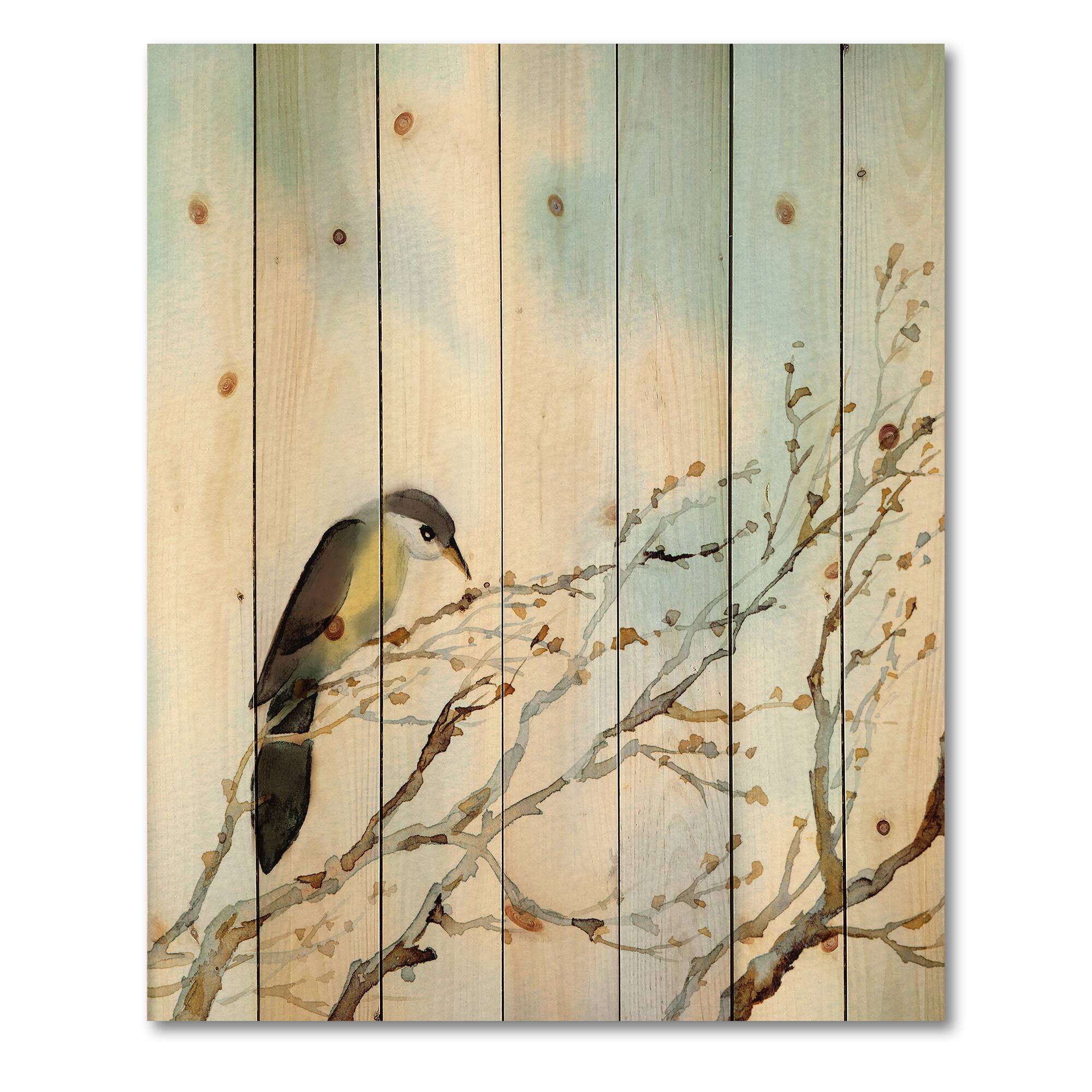 Designart - Bird On Old Bare Tree With Blue Cloudy Sky - Traditional Print on Natural Pine Wood