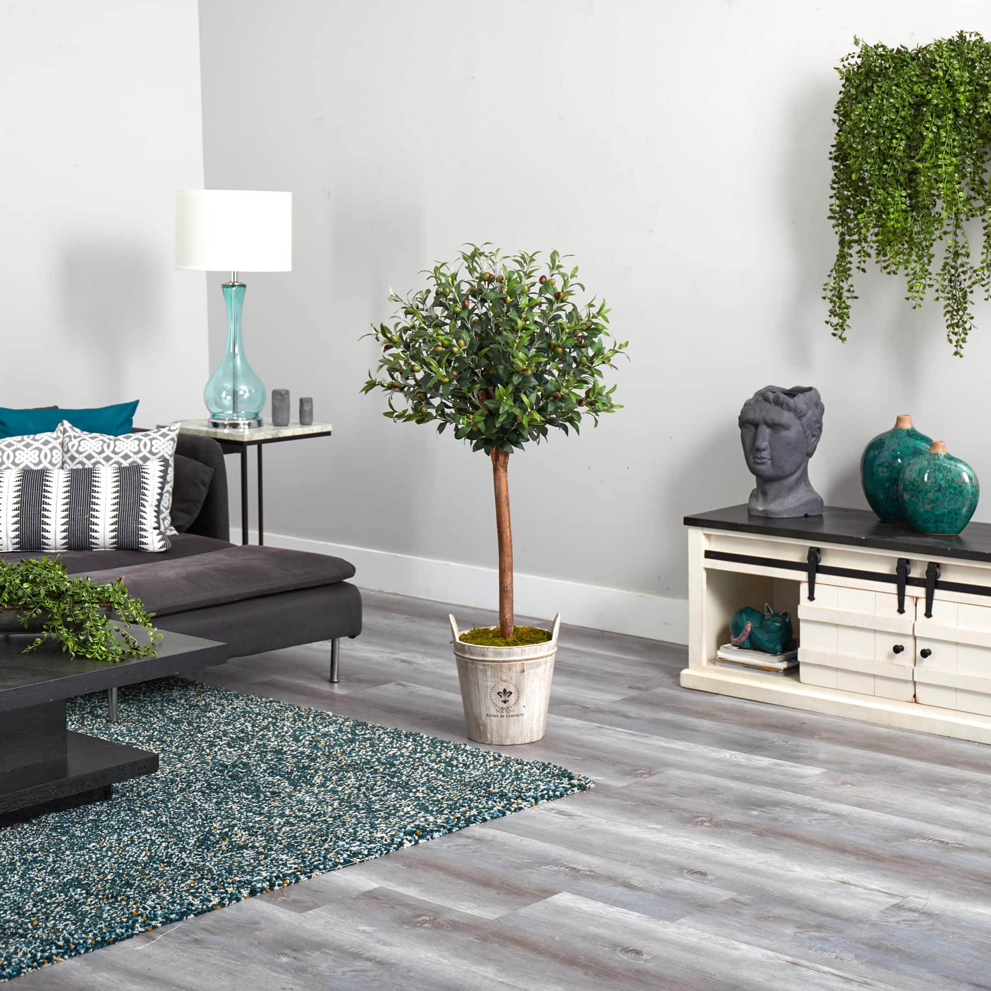 4.5ft. Olive Topiary Tree with Farmhouse Barrel Planter