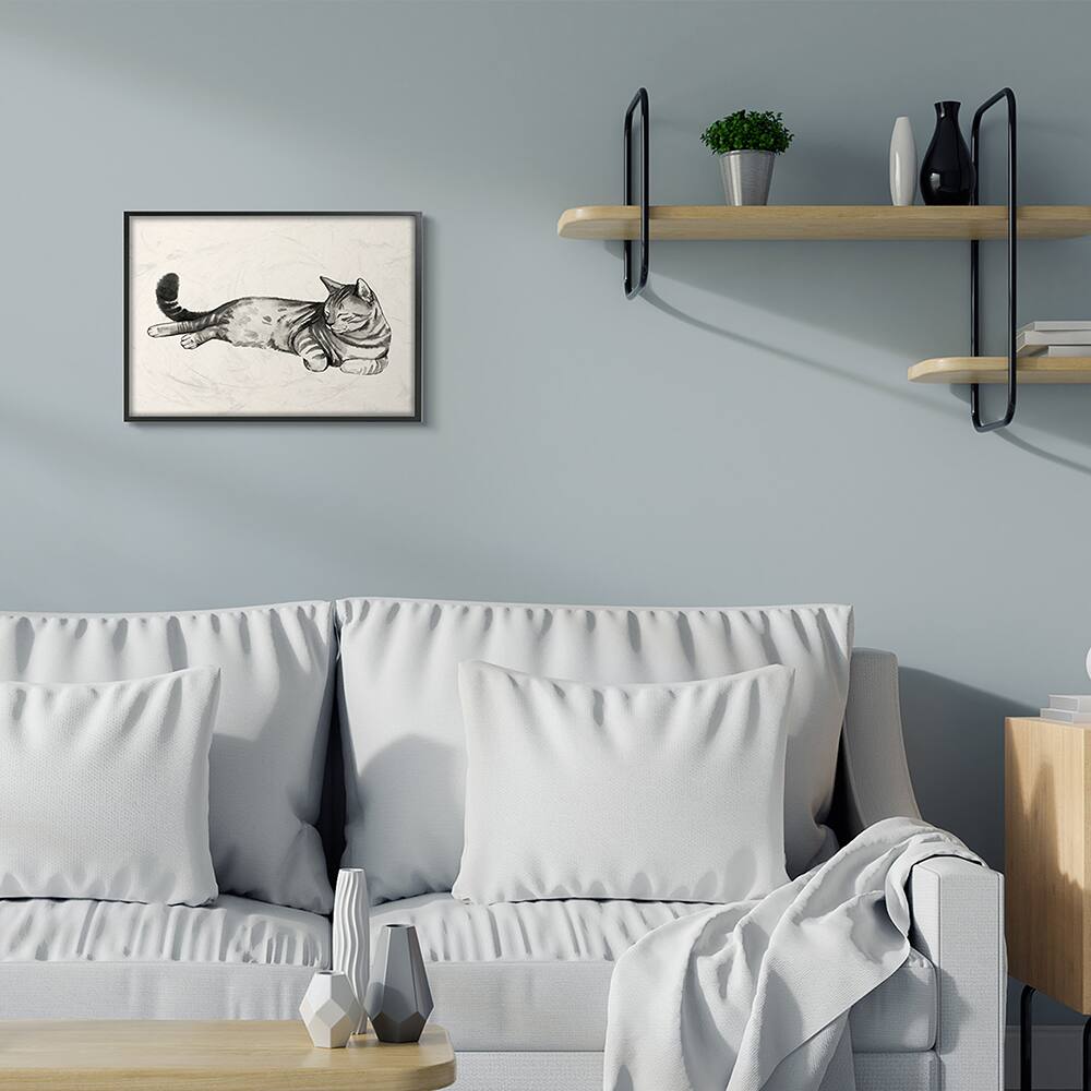 Stupell Industries Sleeping Striped Cat Minimal Relaxed Pet in Black Frame Wall Art
