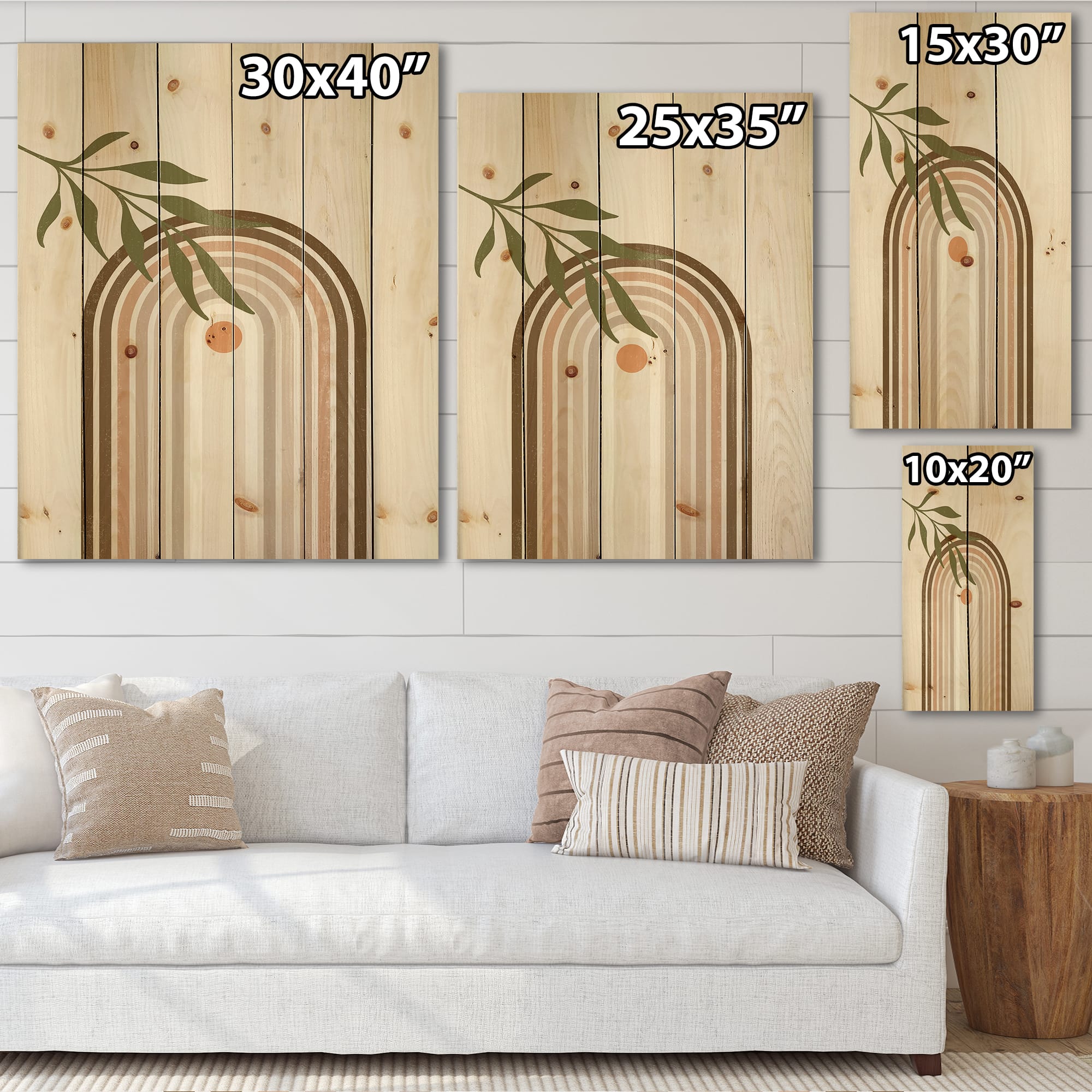 Designart - Abstract Sun and Moon With Green Leaf I - Modern Print on Natural Pine Wood