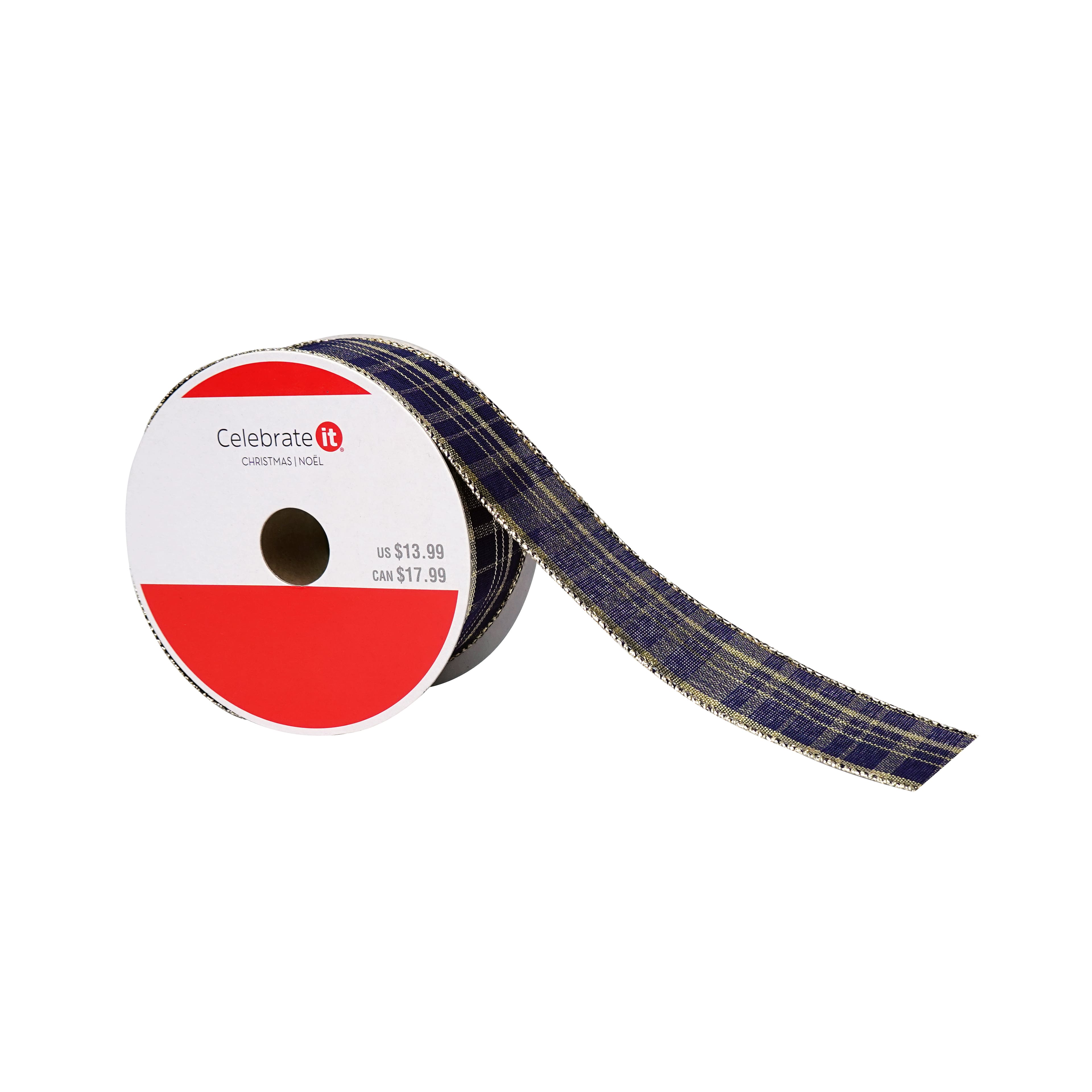 1.5" x 10yd. Navy & Gold Plaid Wired Ribbon by Celebrate It®