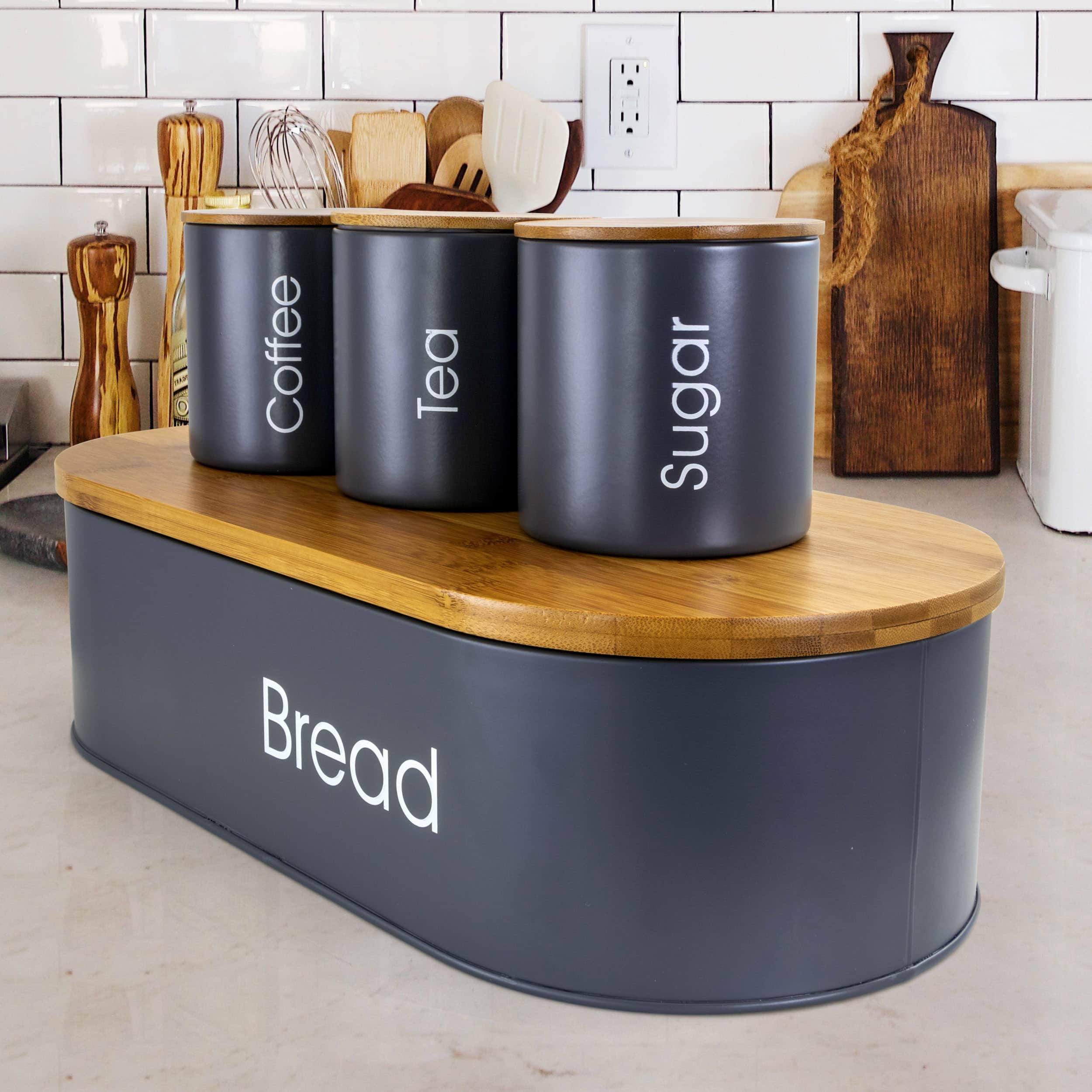 MegaChef Bamboo Kitchen Countertop Gray 4-Piece Metal Bread Basket & Canister Set