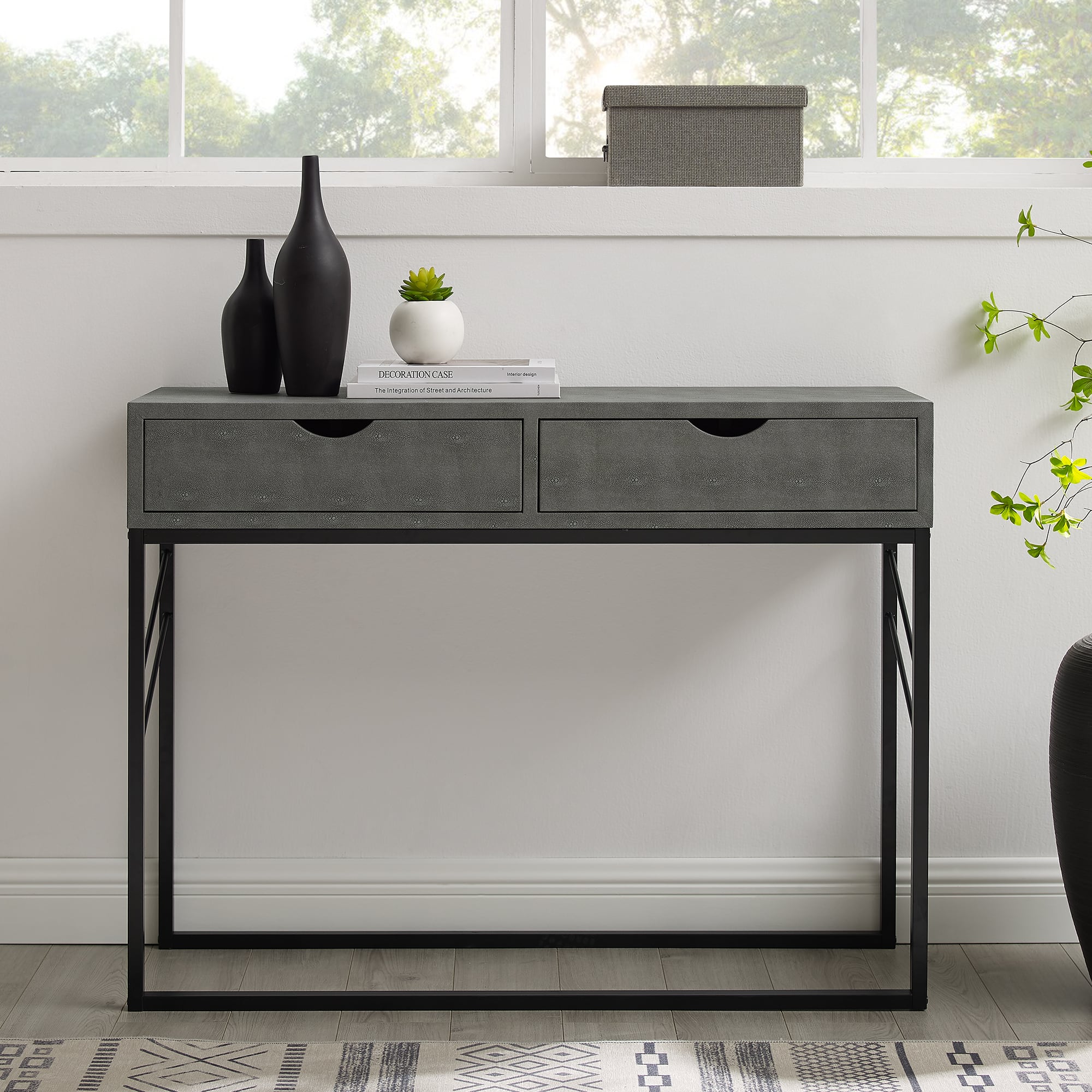 Walker Edison Gray 2-Drawer Faux Shagreen Entry Table