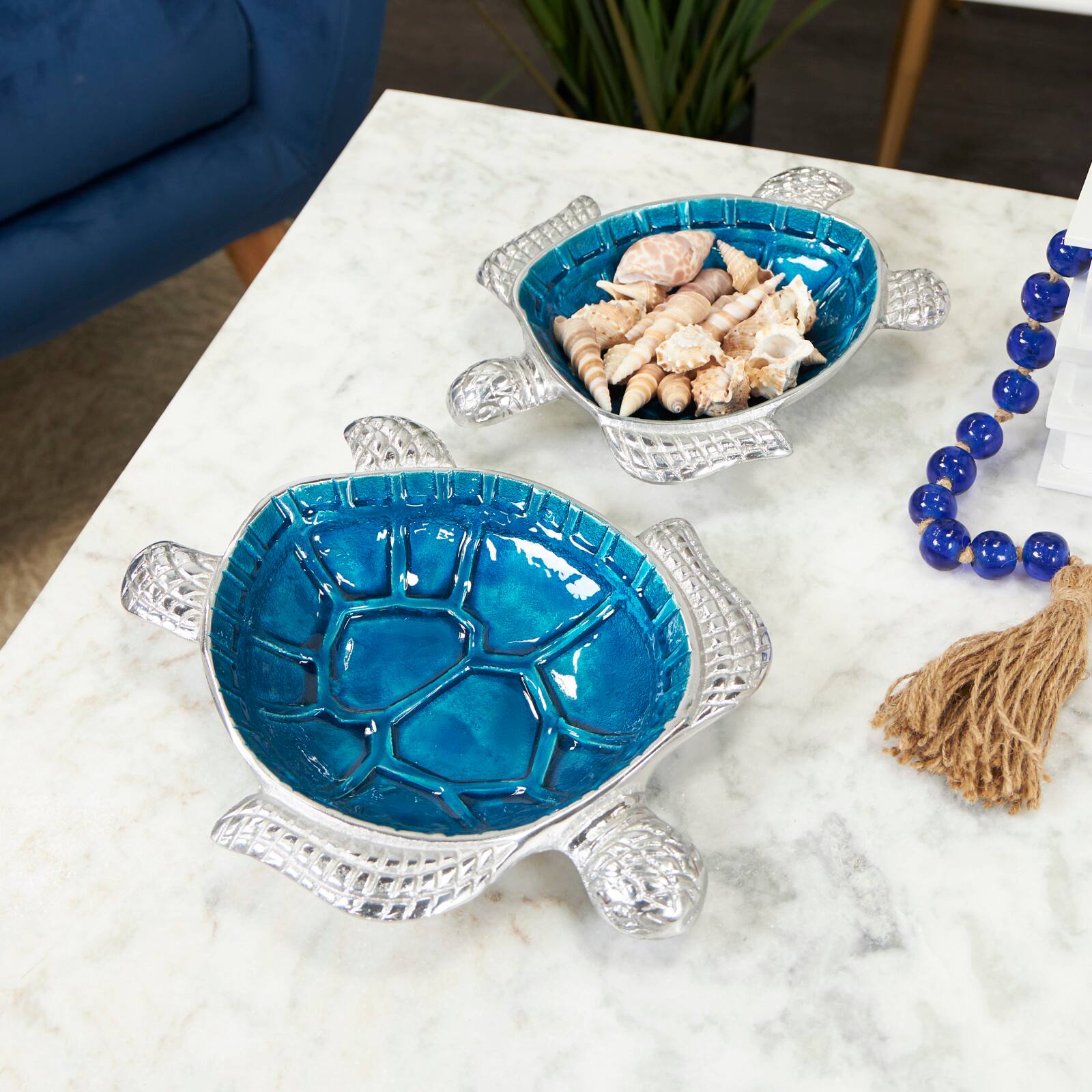 Blue Aluminum Metal Turtle Enameled Decorative Bowls, 2ct.
