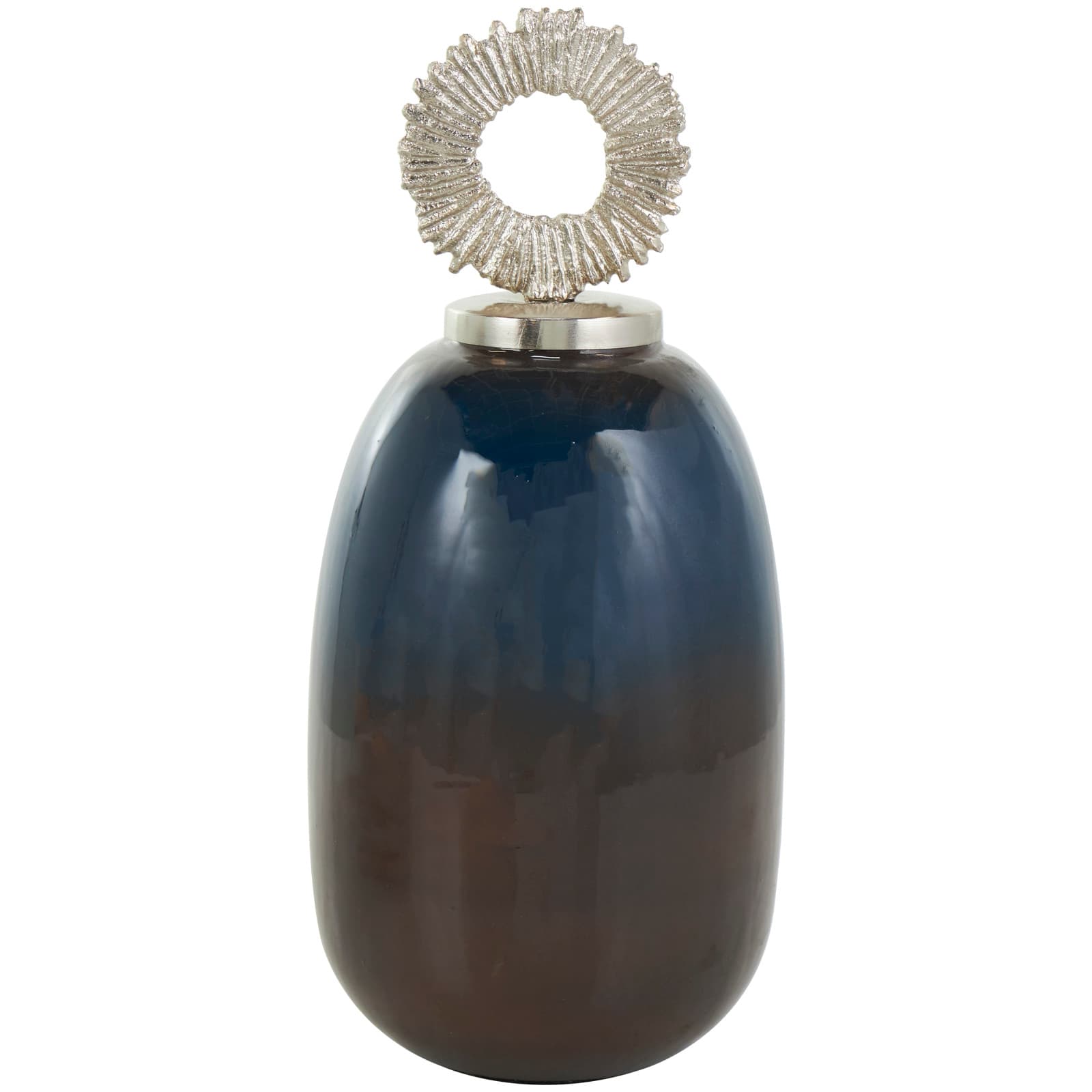 Blue Metal Ombre Decorative Jars with Brown Accents & Silver Ring Handles Set