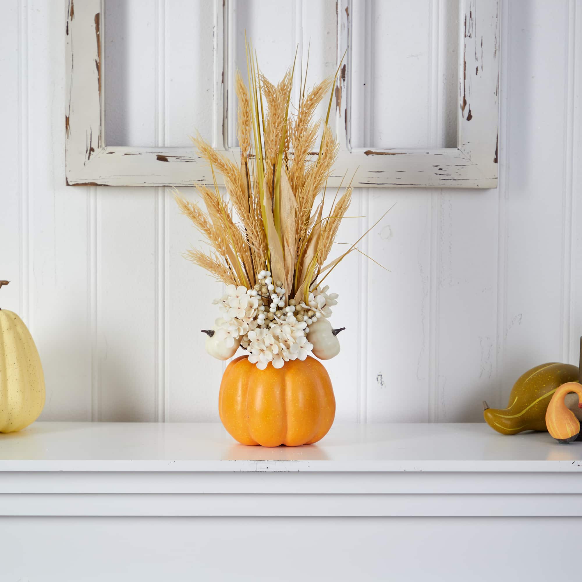 21" Dried Wheat And Pumpkin Fall Arrangement In Pumpkin Vase
