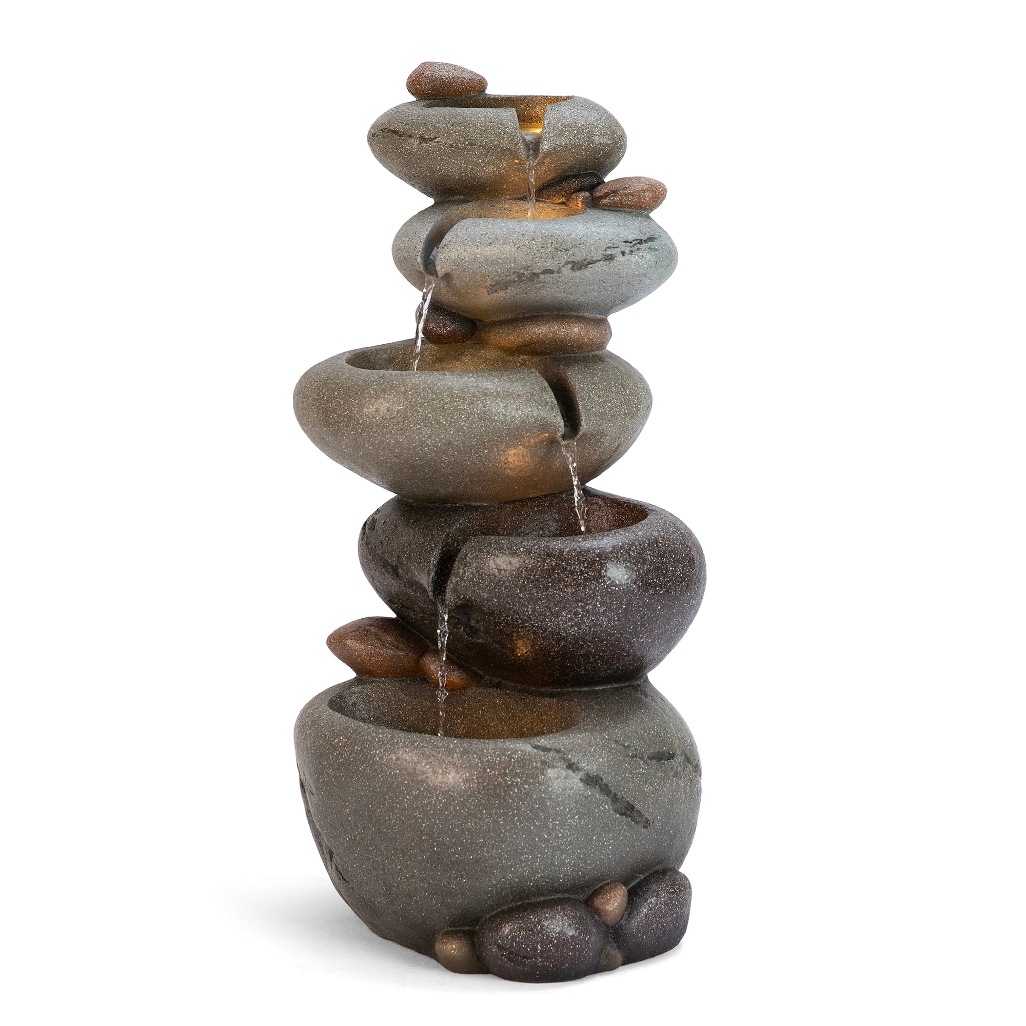 Glitzhome® 24.5" Zen-Style LED 5-Tier Stacked Pebbles Polyresin Outdoor Fountain