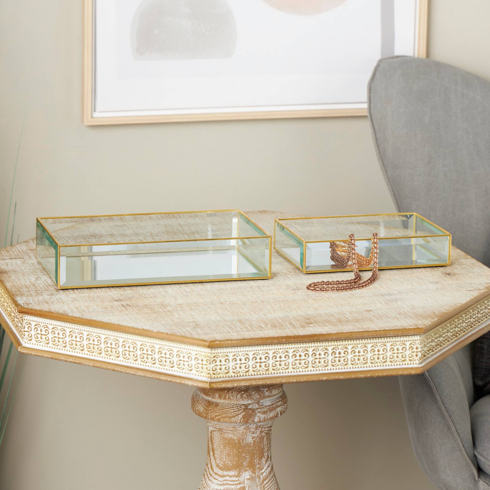 Clear & Gold Beveled Glass & Metal Rectangle Jewelry Box Set