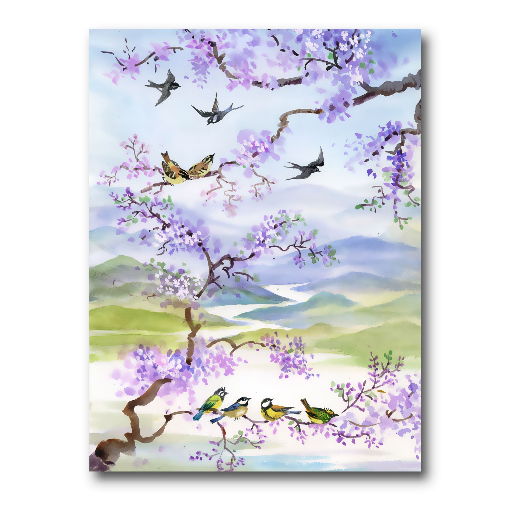 Designart - Birds On Cherry Branch - Traditional Canvas Wall Art Print