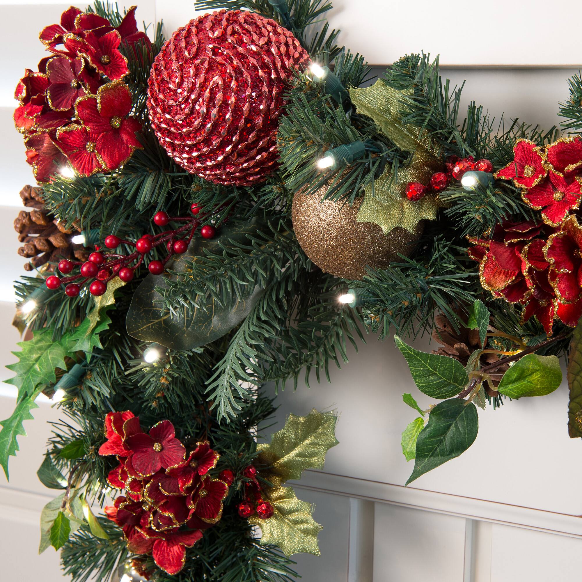Village Lighting 9ft. Pre-Lit LED Scarlet Hydrangea Christmas Garland