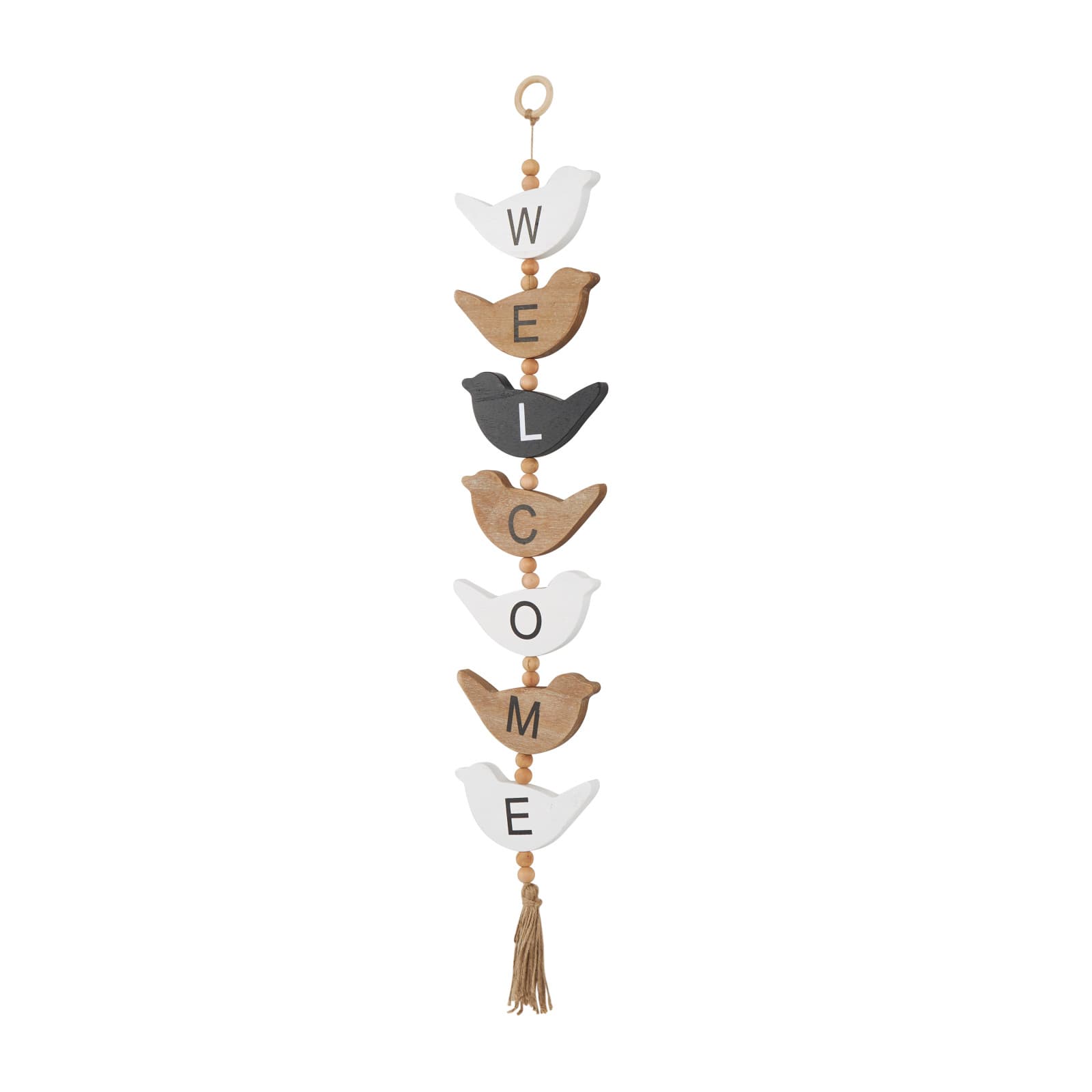 7" x 42" Handmade Black Wood Bird Welcome Sign Wall Décor with Tassel & Bead Accents