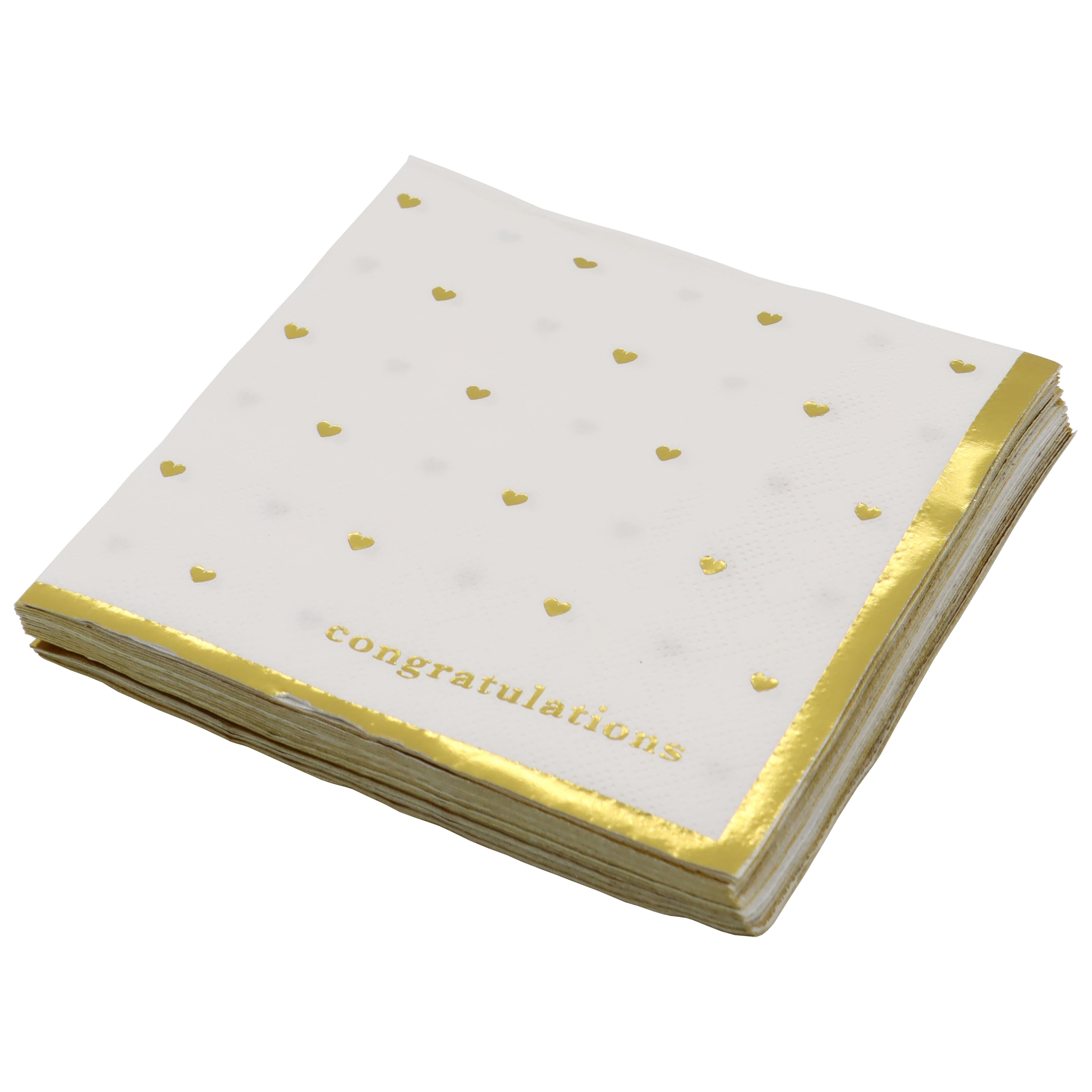24 Packs: 20 ct. (480 total) Gold & White Congratulations Hearts Beverage Napkins by Celebrate It™