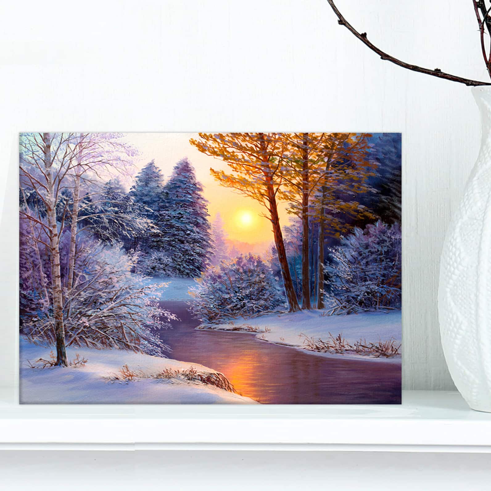 Designart - Winter Forest in River - Landscapes Painting Print on Wrapped Canvas