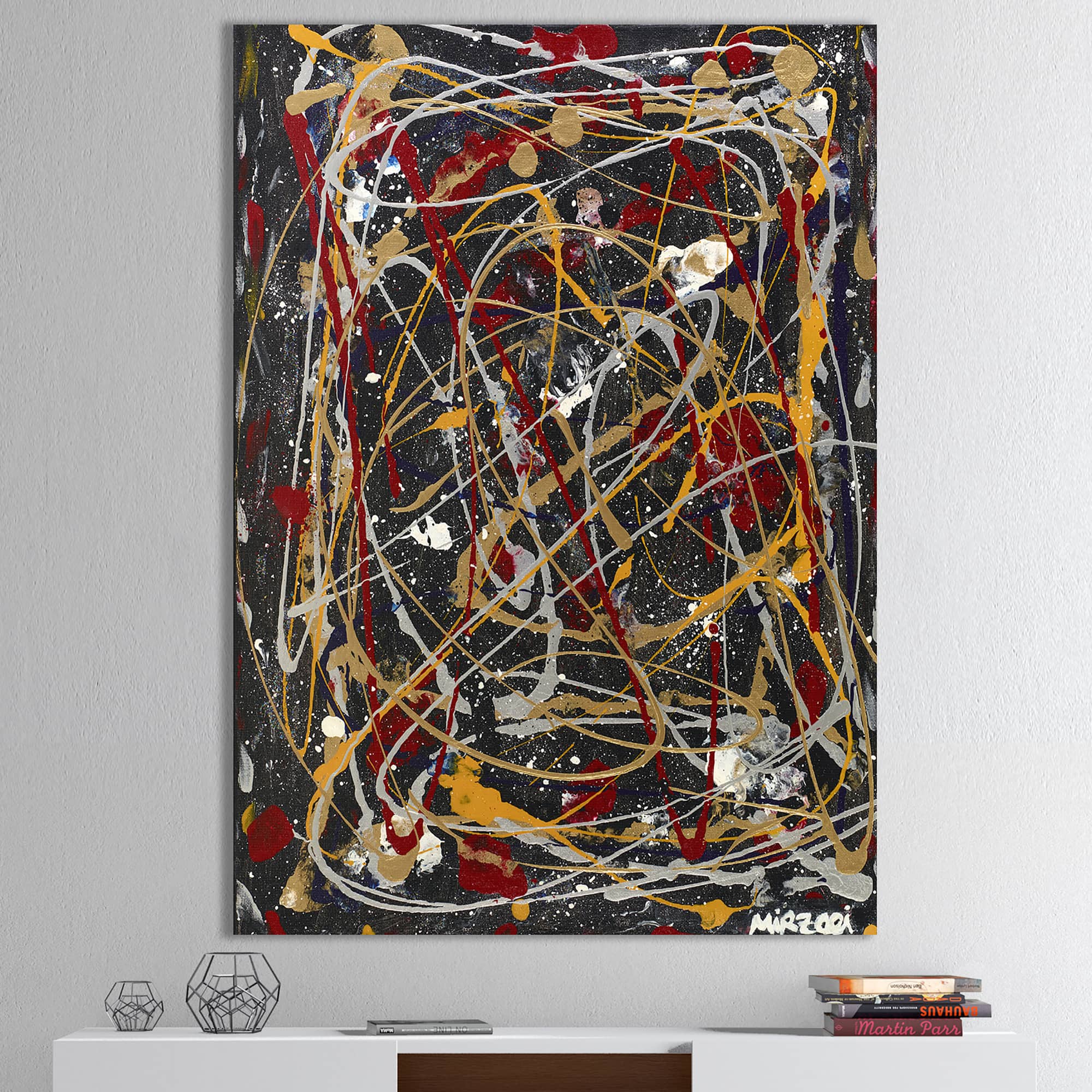 Designart - Red, Yellow and Black Pollock Style I - Modern & Contemporary Canvas Wall Art