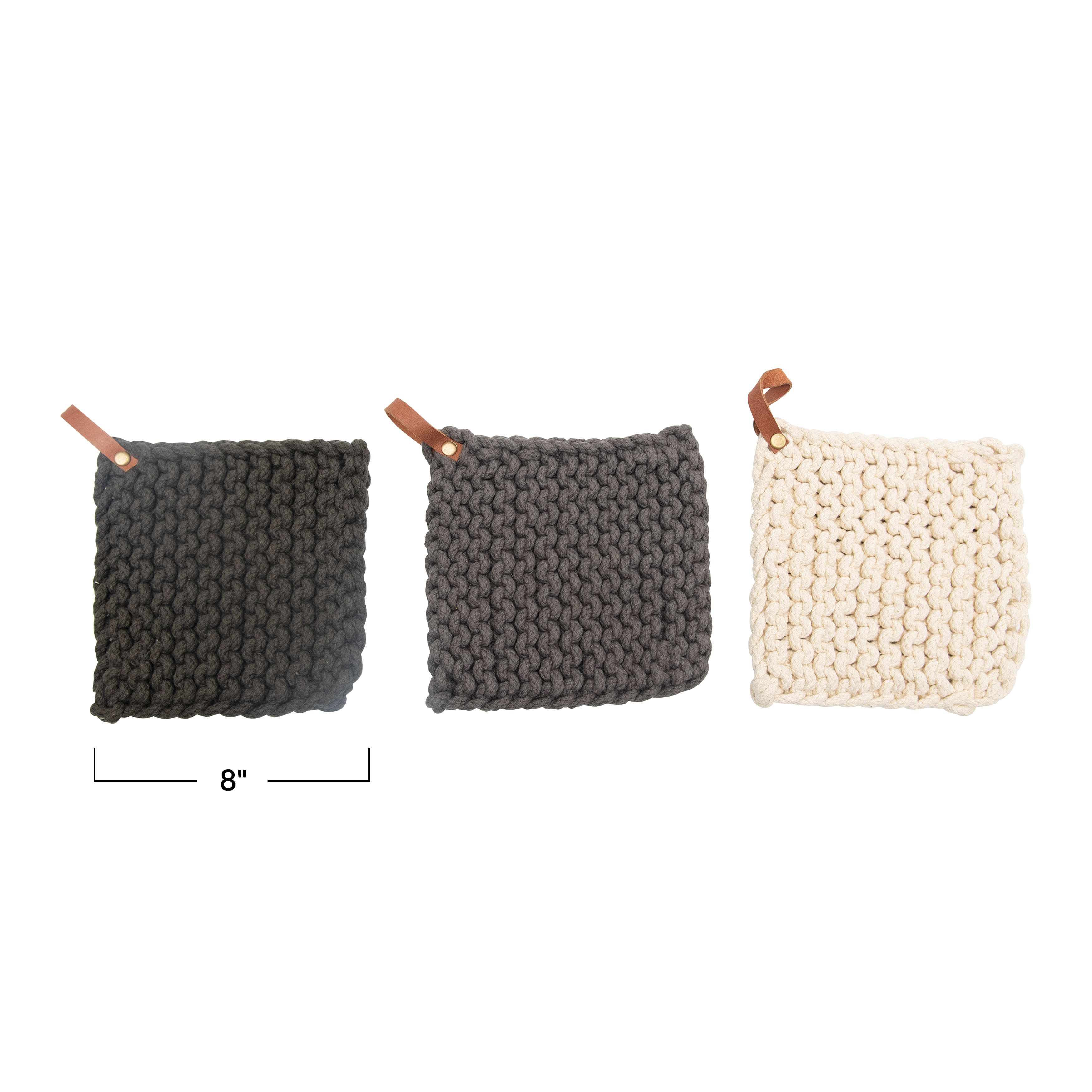 Hello Honey® Gray & Cream Square Leather Loop Crochet Cotton Pot Holder Set