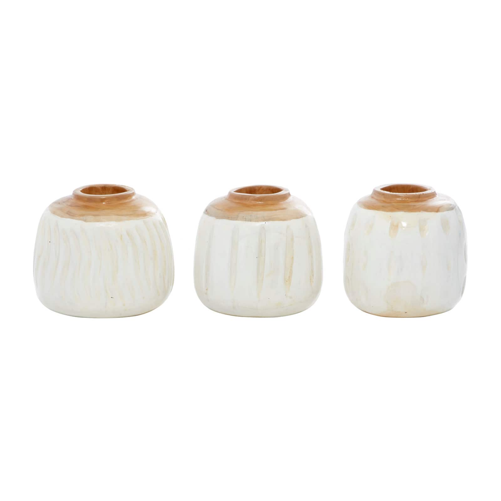 Set of 3 White Teak Wood Coastal Style Vase 6", 7"