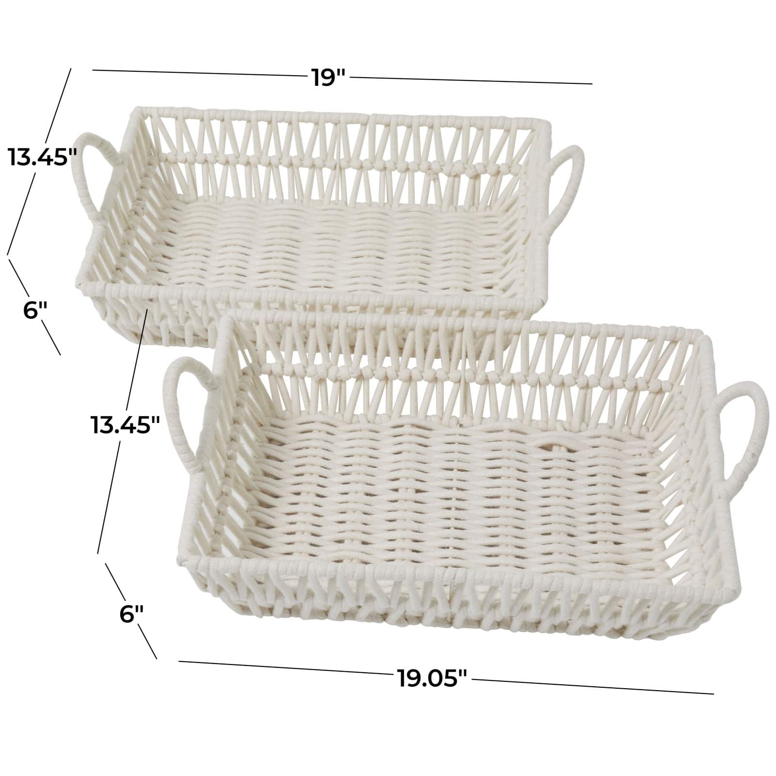 White Cotton Handmade Woven Storage Basket with Handles Set of 2 19", 18"