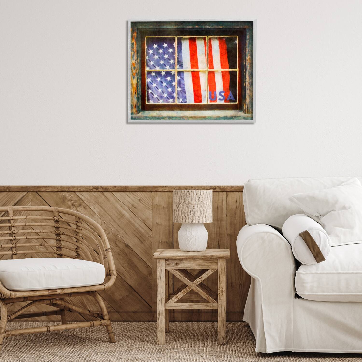 Stupell Industries Patriotic American Flag Rustic Window Festive Home Framed Giclee Art