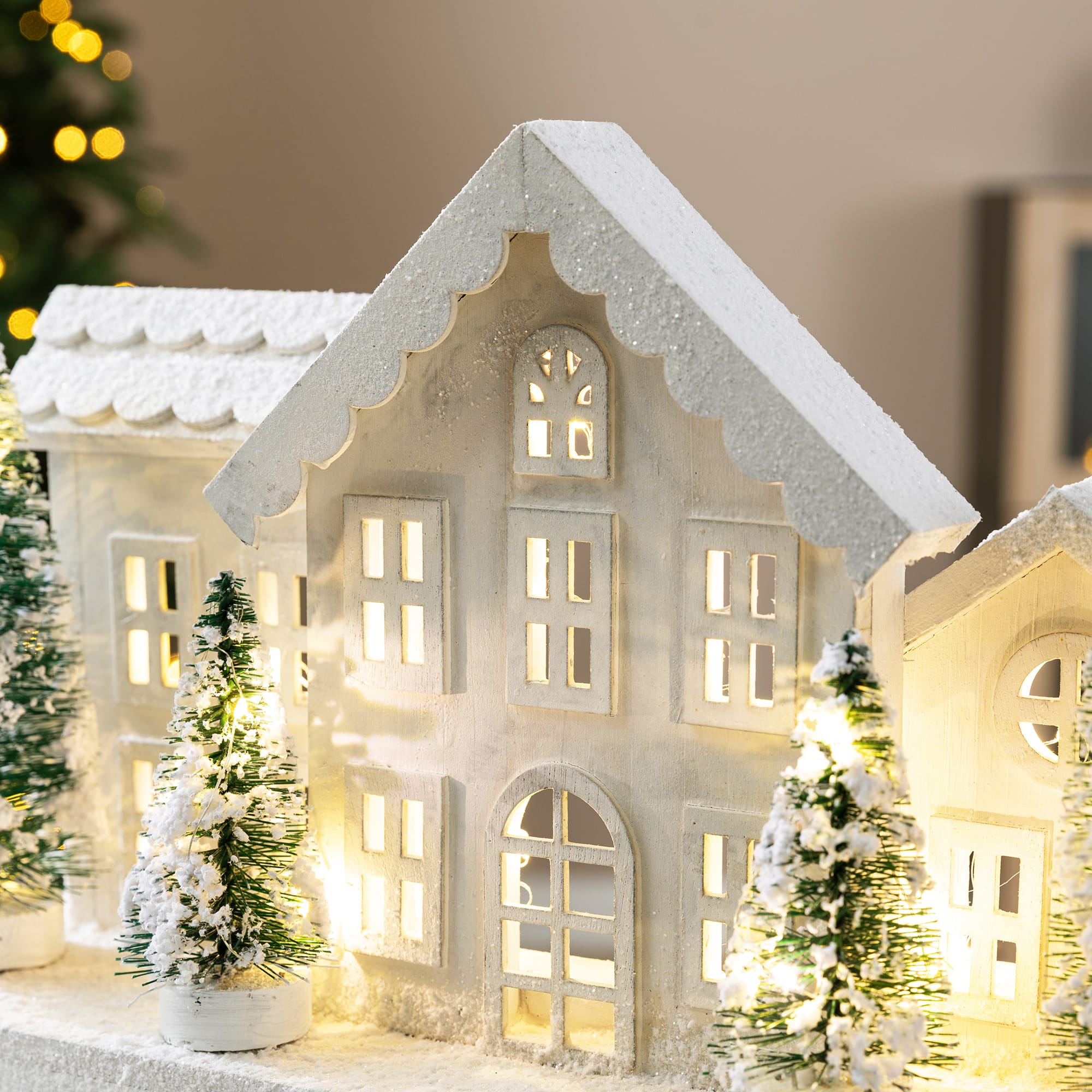 Glitzhome® Lighted Wooden Snowy Village Christmas Table Décor