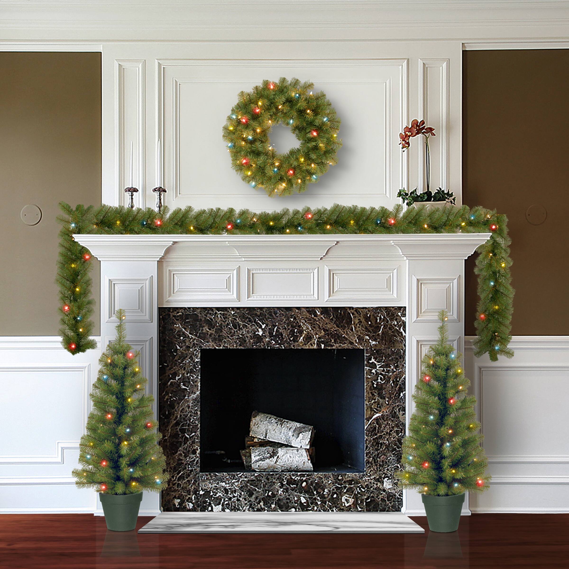 4-Piece Pre-Lit Artificial Christmas Garland, Wreath & Trees Set, Multicolor LED Lights