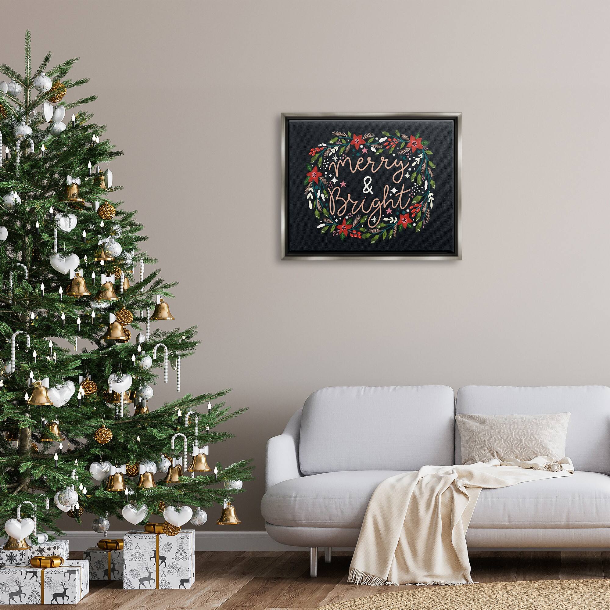 Stupell Industries Merry & Bright Poinsettia Wreath Framed Floater Canvas Wall Art
