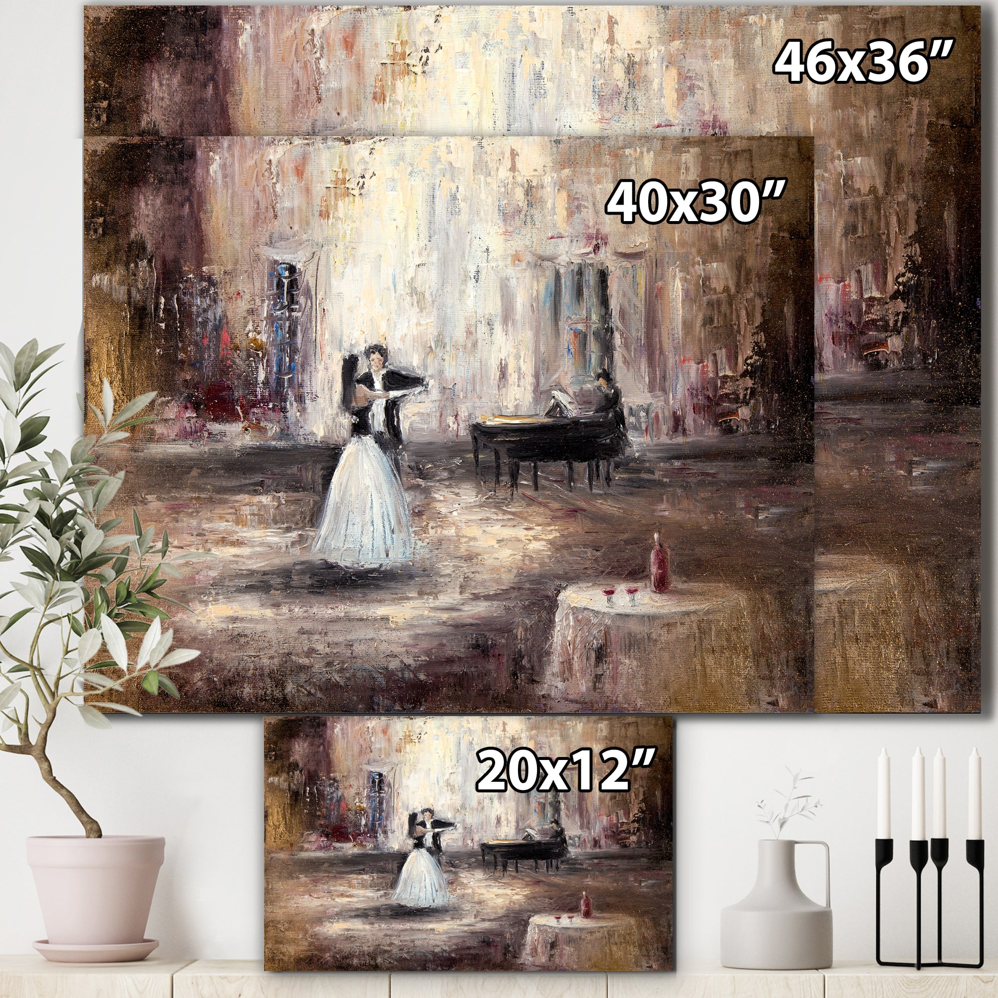 Designart - Black And White Couple Dancing In Hall With Piano - Traditional Canvas Wall Art Print