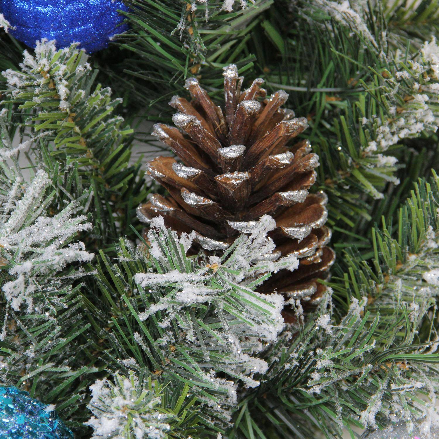 24" Teal & Silver Ball Flocked with Pinecones Artificial Wreath