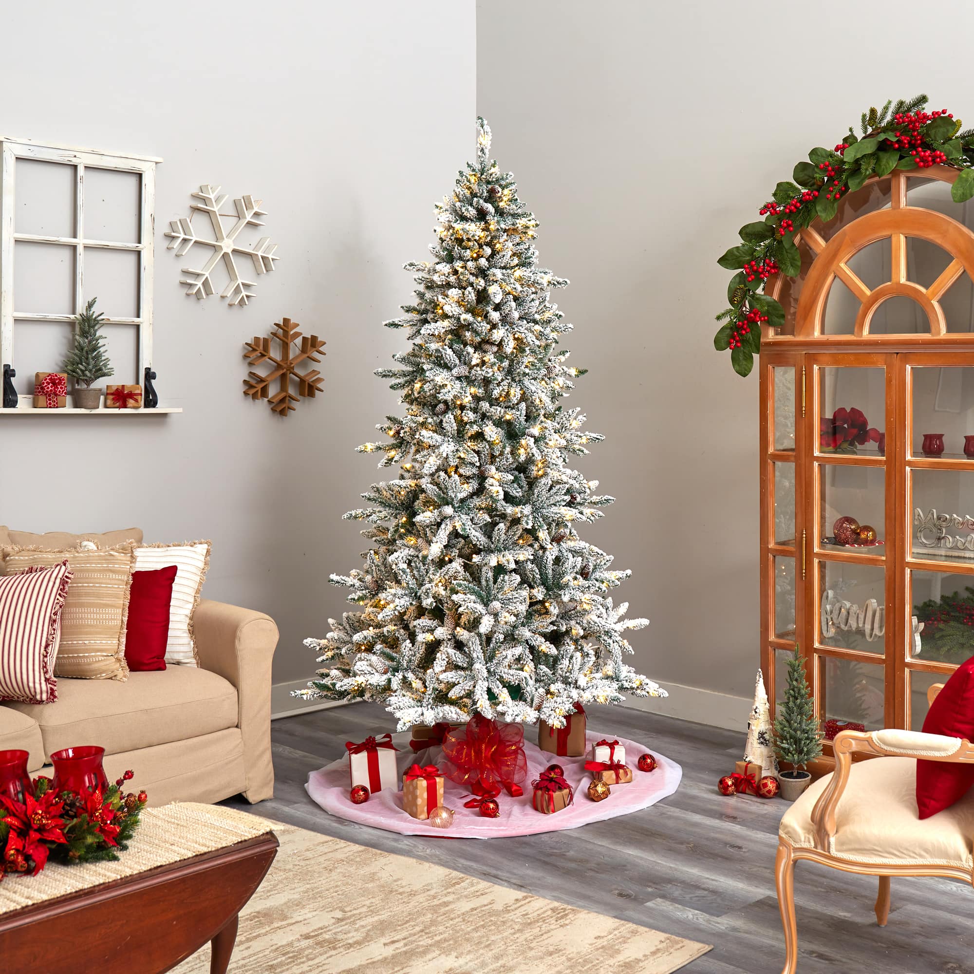 8ft. Pre-Lit Flocked Livingston Fir Artificial Christmas Tree with Pinecones, Clear LED Lights